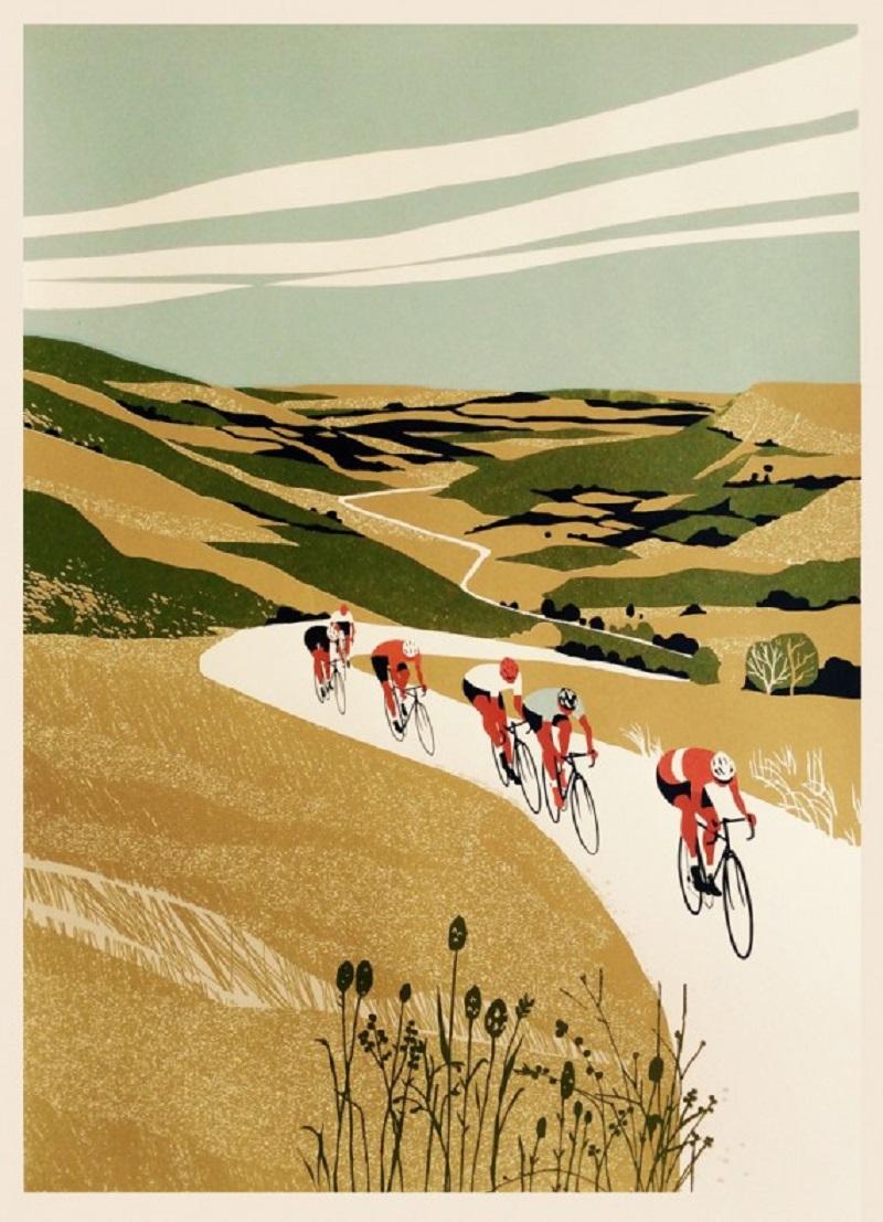 Eliza Southwood Landscape Print – Dragon Ride, Druck in limitierter Auflage, Radfahren, Sport, Fahrradkunst, Siebdruck aus Seide