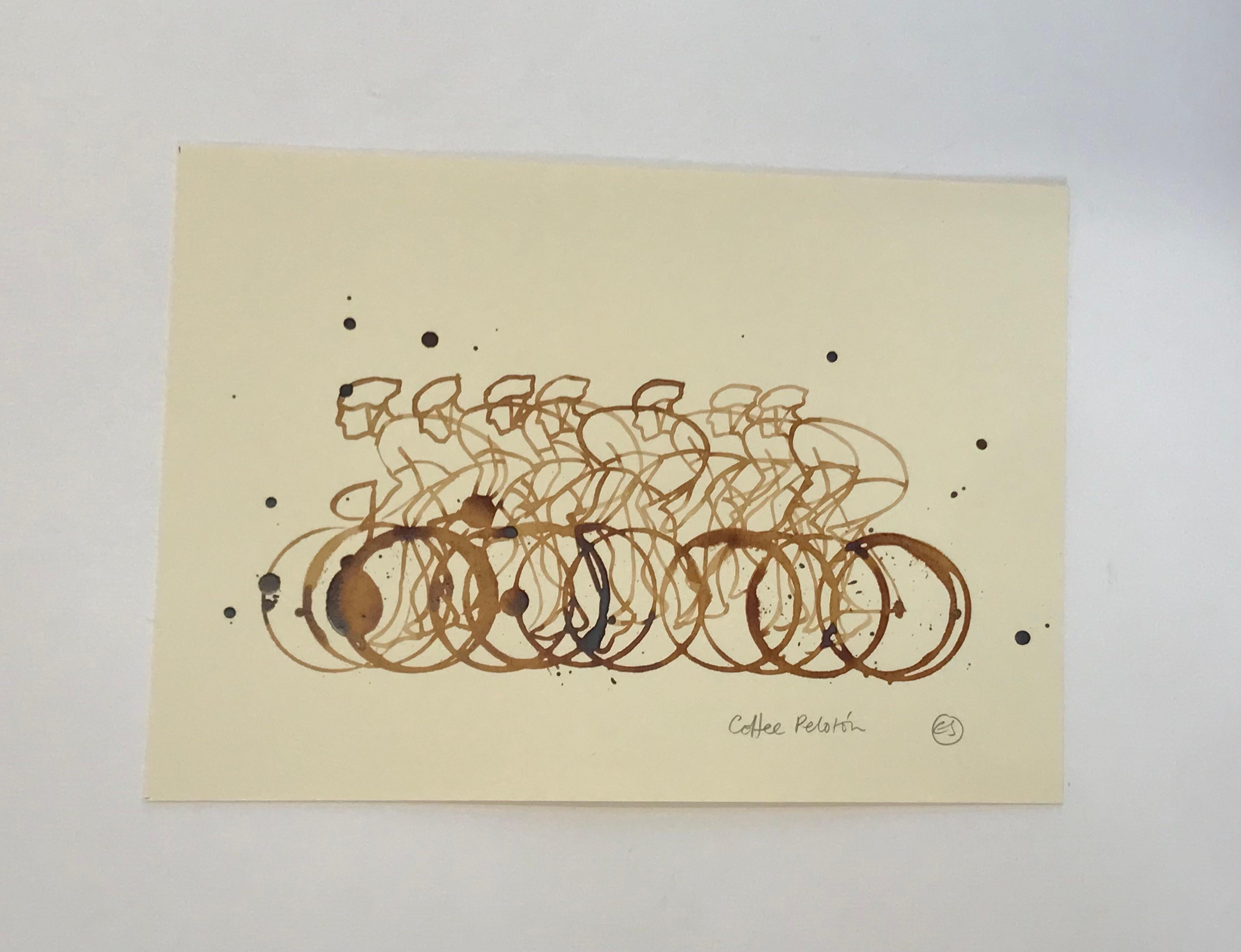 Small Coffee Peloton (CP_Small_01), Coffee On Paper, Cyclists, Sports Art - Expressionist Print by Eliza Southwood