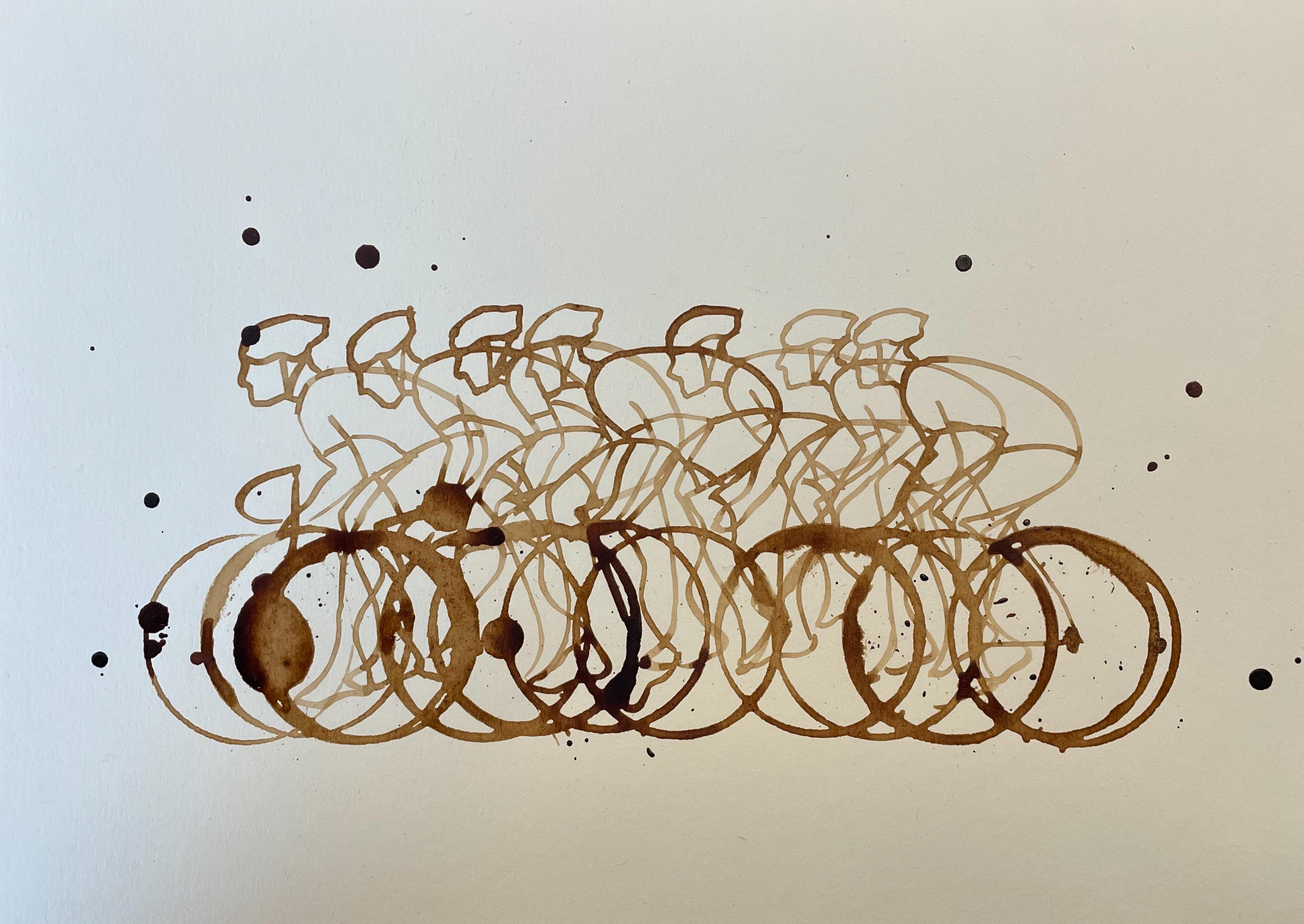 Eliza Southwood Landscape Print - Small Coffee Peloton (CP_Small_01), Coffee On Paper, Cyclists, Sports Art