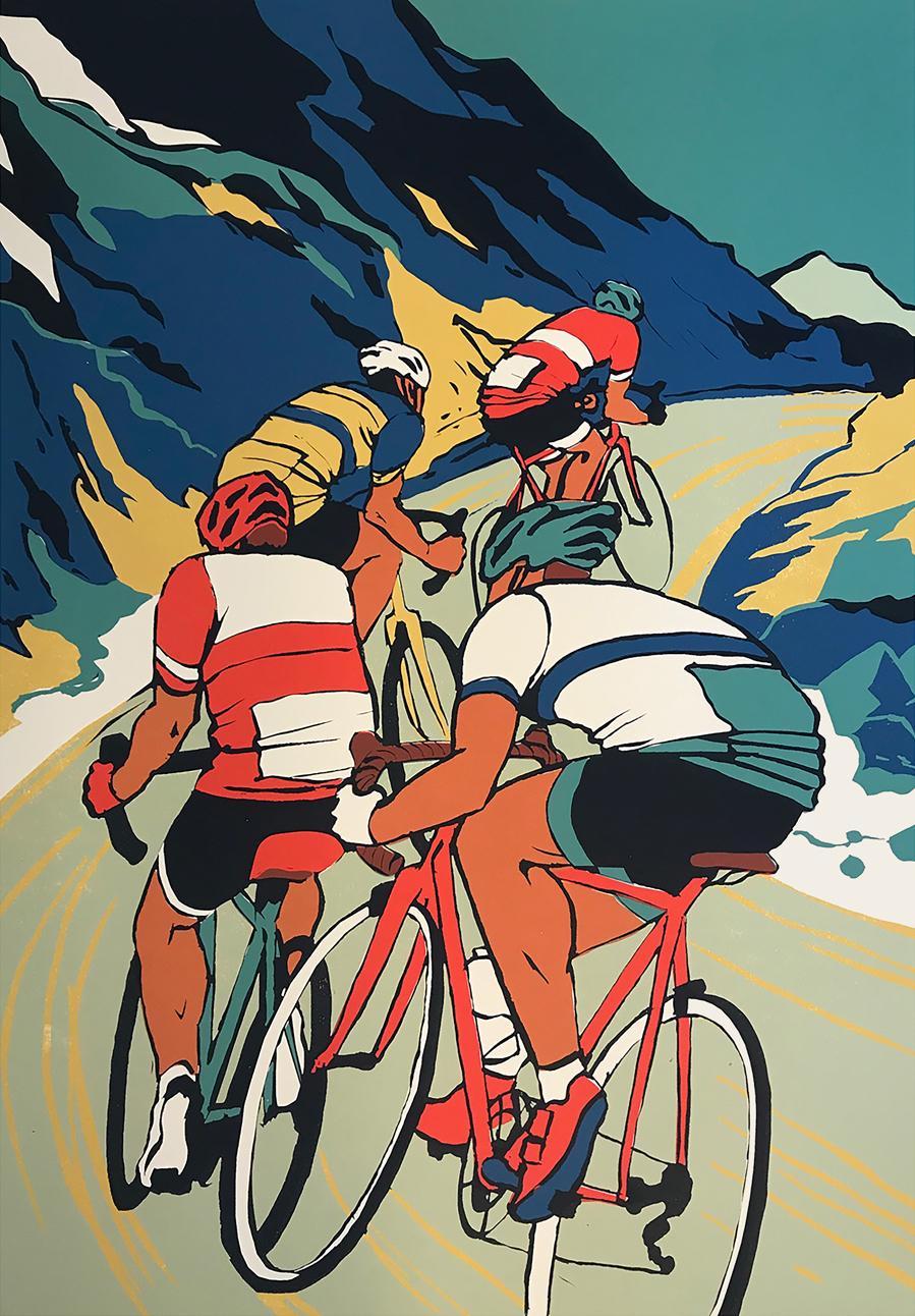 Eliza Southwood Landscape Print – The Climb, Paraventdruck in limitierter Auflage, Sport, Radsportkunst, Figurative Kunst, Fahrräder