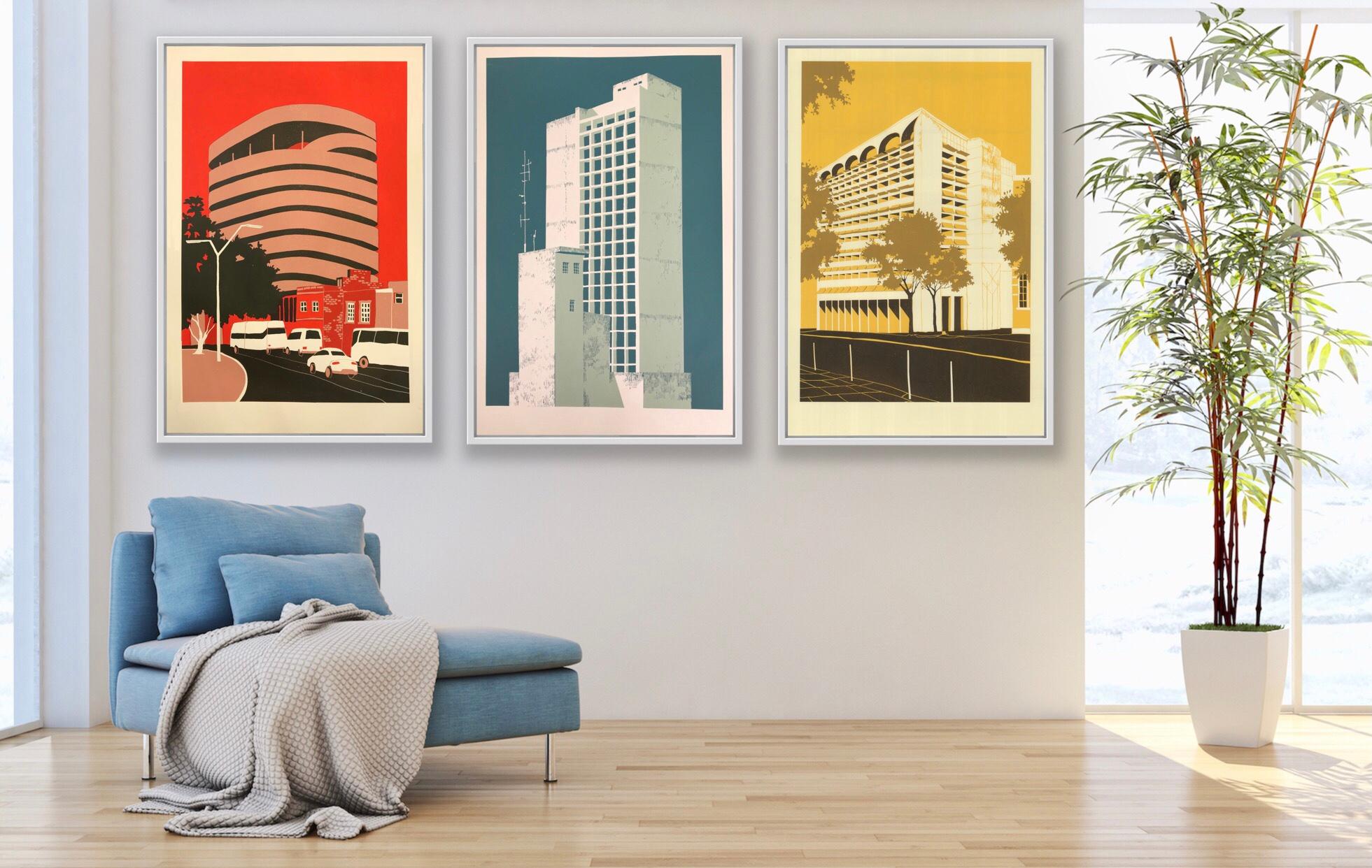 Tower Block, Car Park and Civic Building diptych - Print by Eliza Southwood