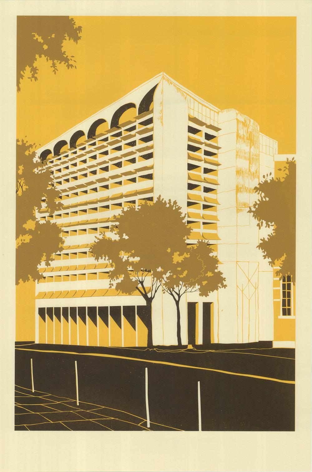 Tower Block, Car Park and Civic Building diptych - Beige Landscape Print by Eliza Southwood