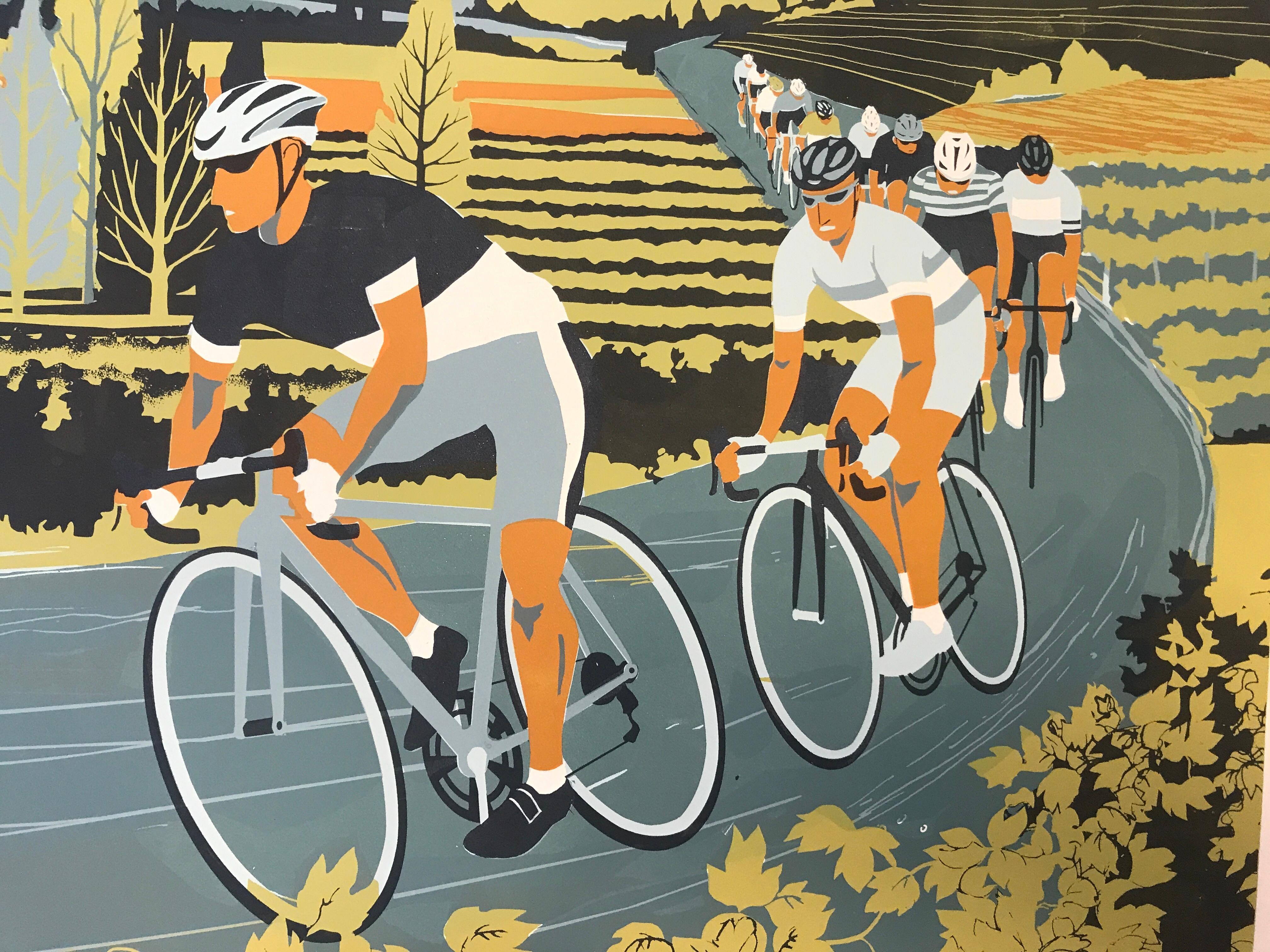 Ciclisti del vigneto, Serigrafia, Biciclette, Alpi francesi, Arte del ciclismo, Sport - Print Contemporaneo di Eliza Southwood
