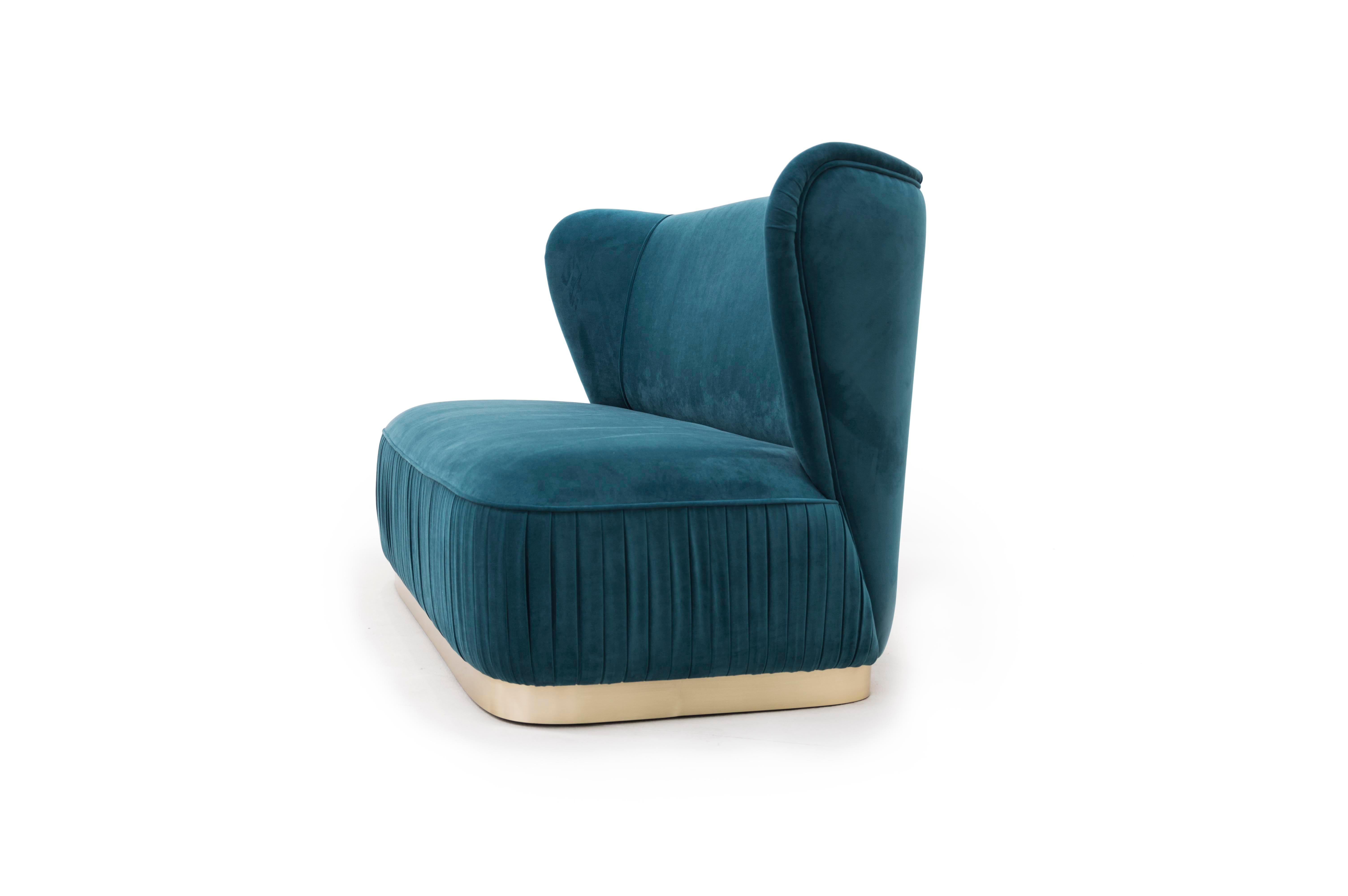 Art Deco Elizabeth 2-Seat Sofa in Silk Velvet and Brushed Brass For Sale