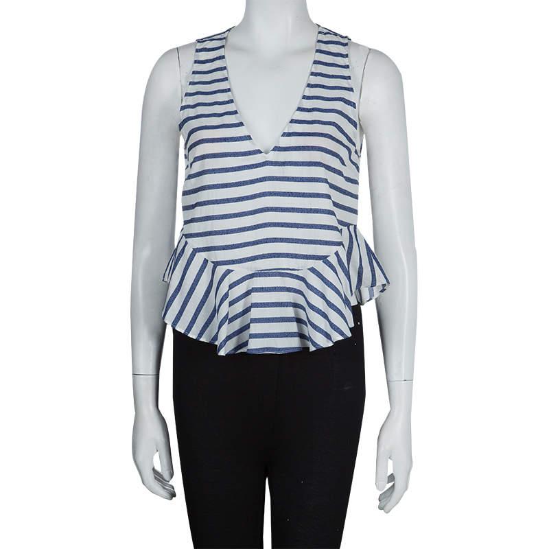 Elizabeth and James is all set to adorn you in this cool and modish sleeveless peplum top. Crafted from cotton, acrylic, and nylon blend, it features an attractive deep V shaped neckline and adorable white and blue stripes. It profiles an elegant