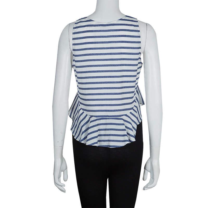 Elizabeth and James White and Blue Striped Peplum Top S For Sale 4