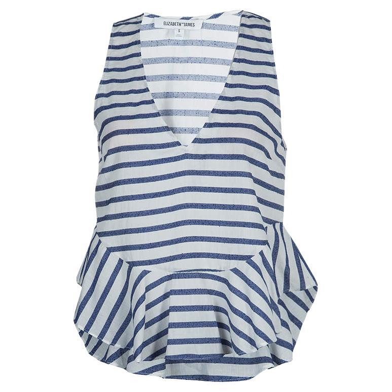 Elizabeth and James White and Blue Striped Peplum Top S For Sale