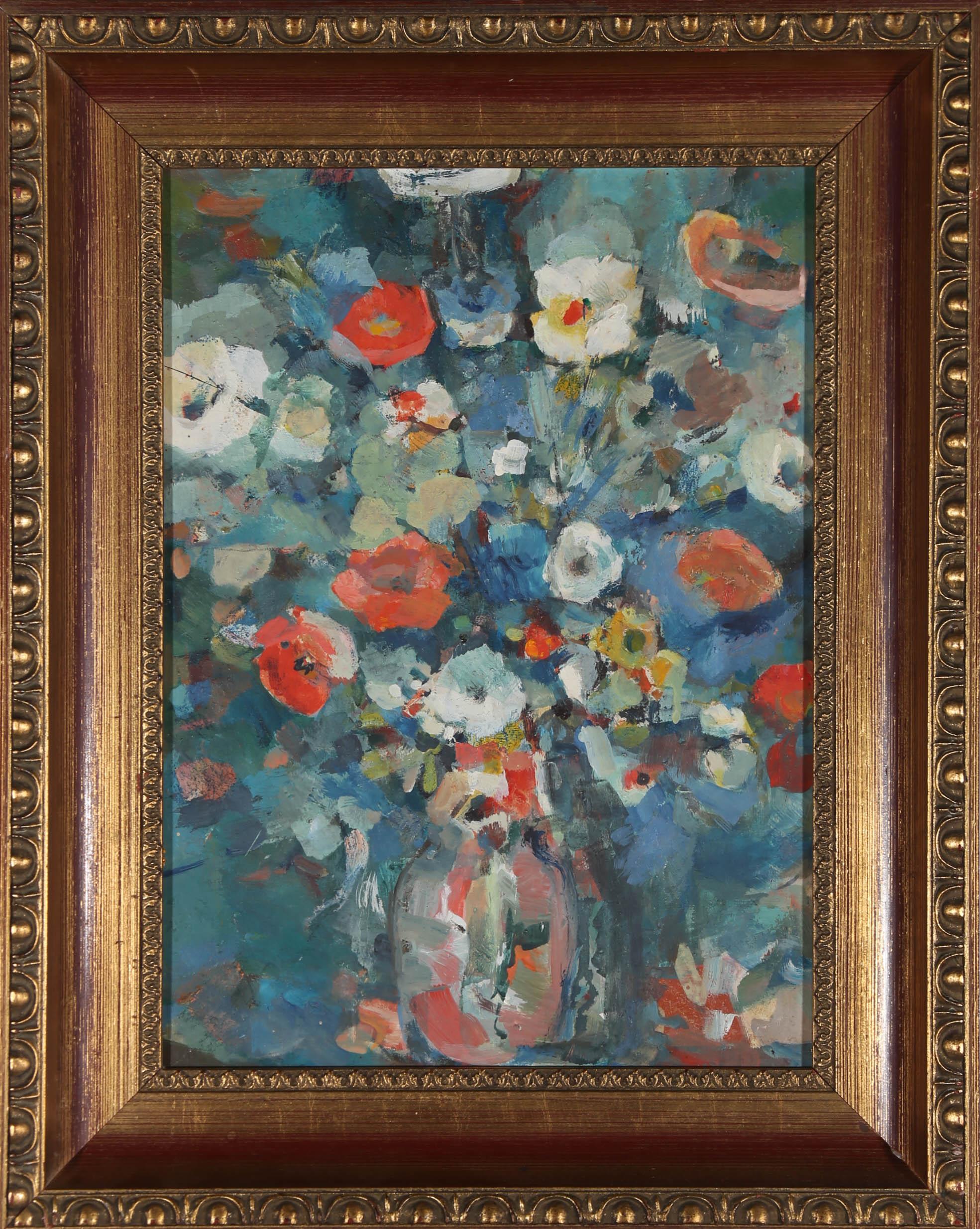A dazzling 20th century oil painting depicting an impressionistic bouquet of red, white, and blue flowers, tightly arranged in a delicate glass vase. The painting is well presented in a substantial gilt and maroon coloured frame, with decorative egg