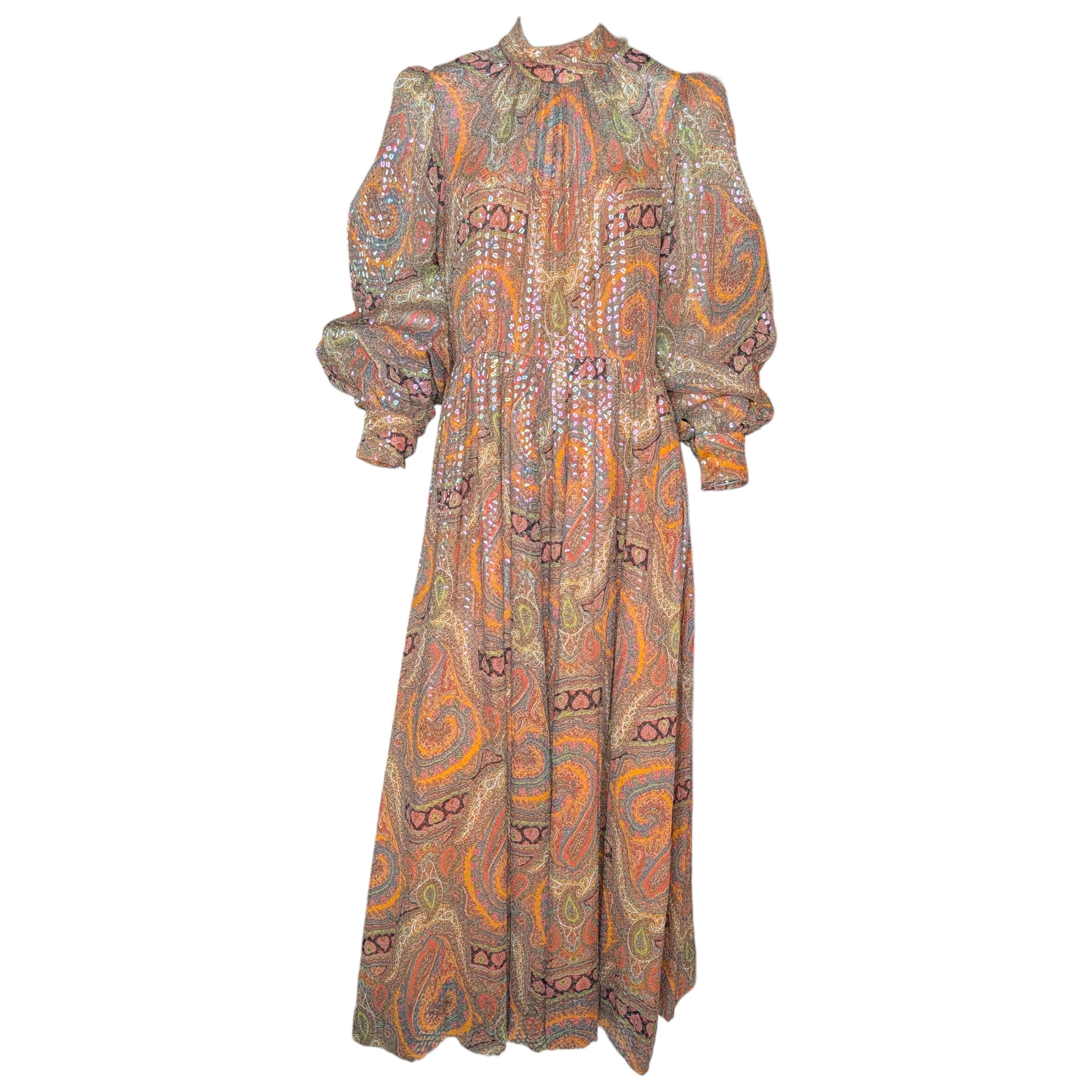 Elizabeth Arden 1960s Silk Sequined Paisley Evening Gown For Sale
