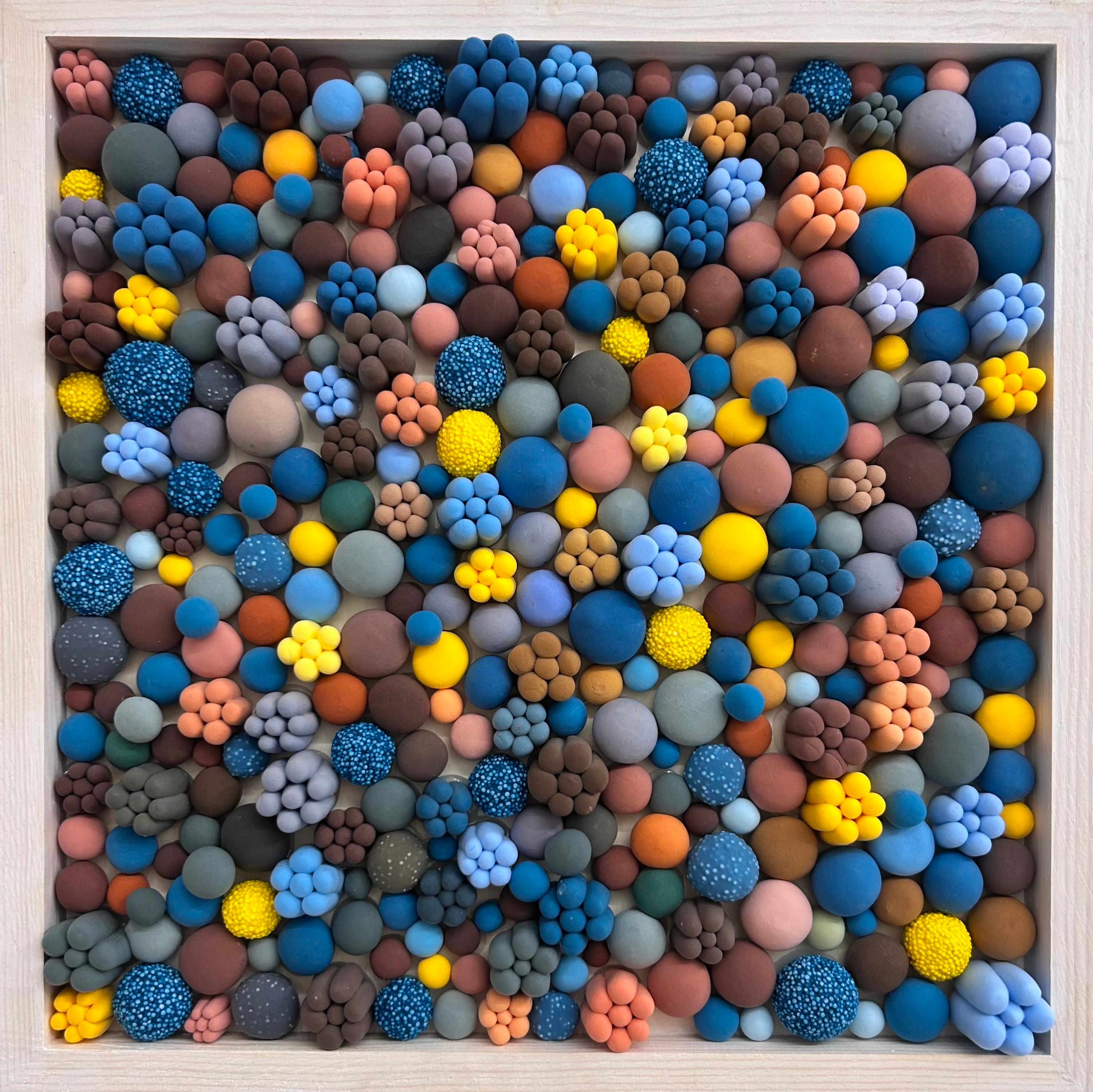 Blue Floral Bubble Clay Wall Relief 3D Mosaic Panel in Hand Molded Texture