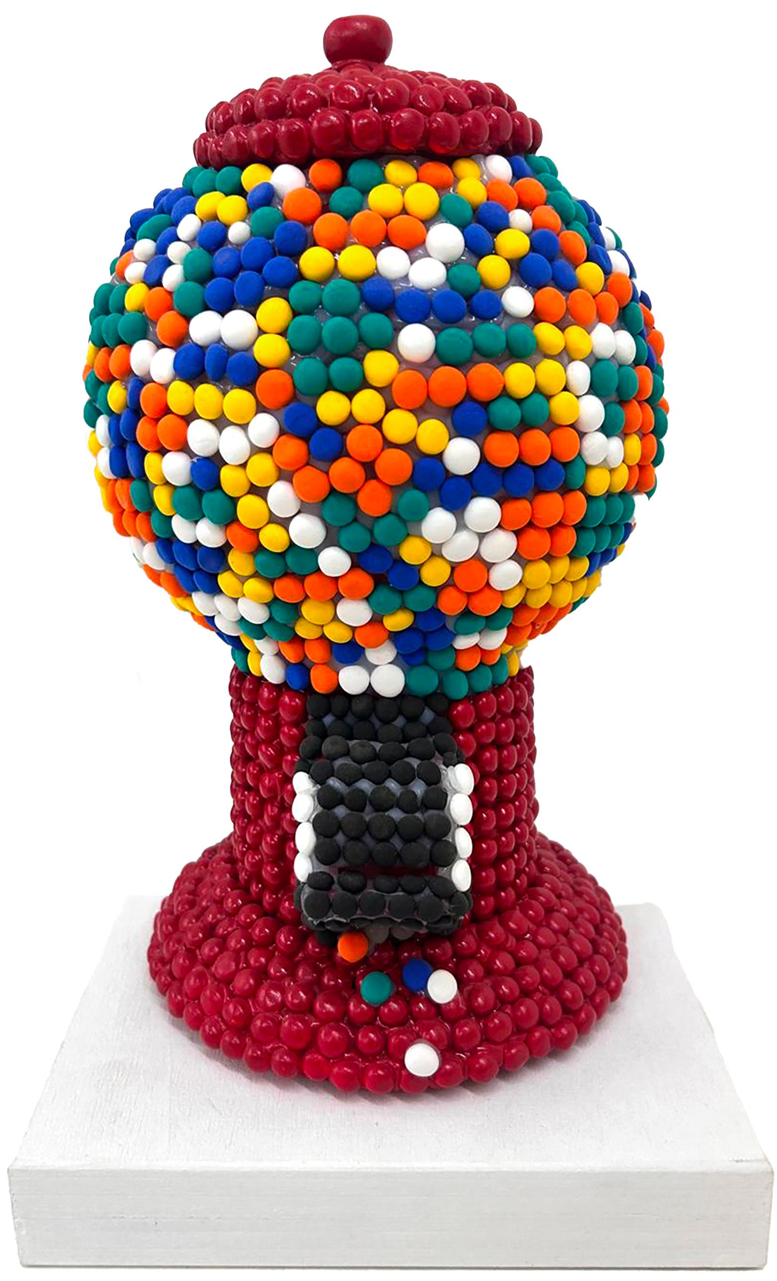 Colorful Handcrafted Clay Gumball Machine Sculpture in Red. Candy Pop Art Object