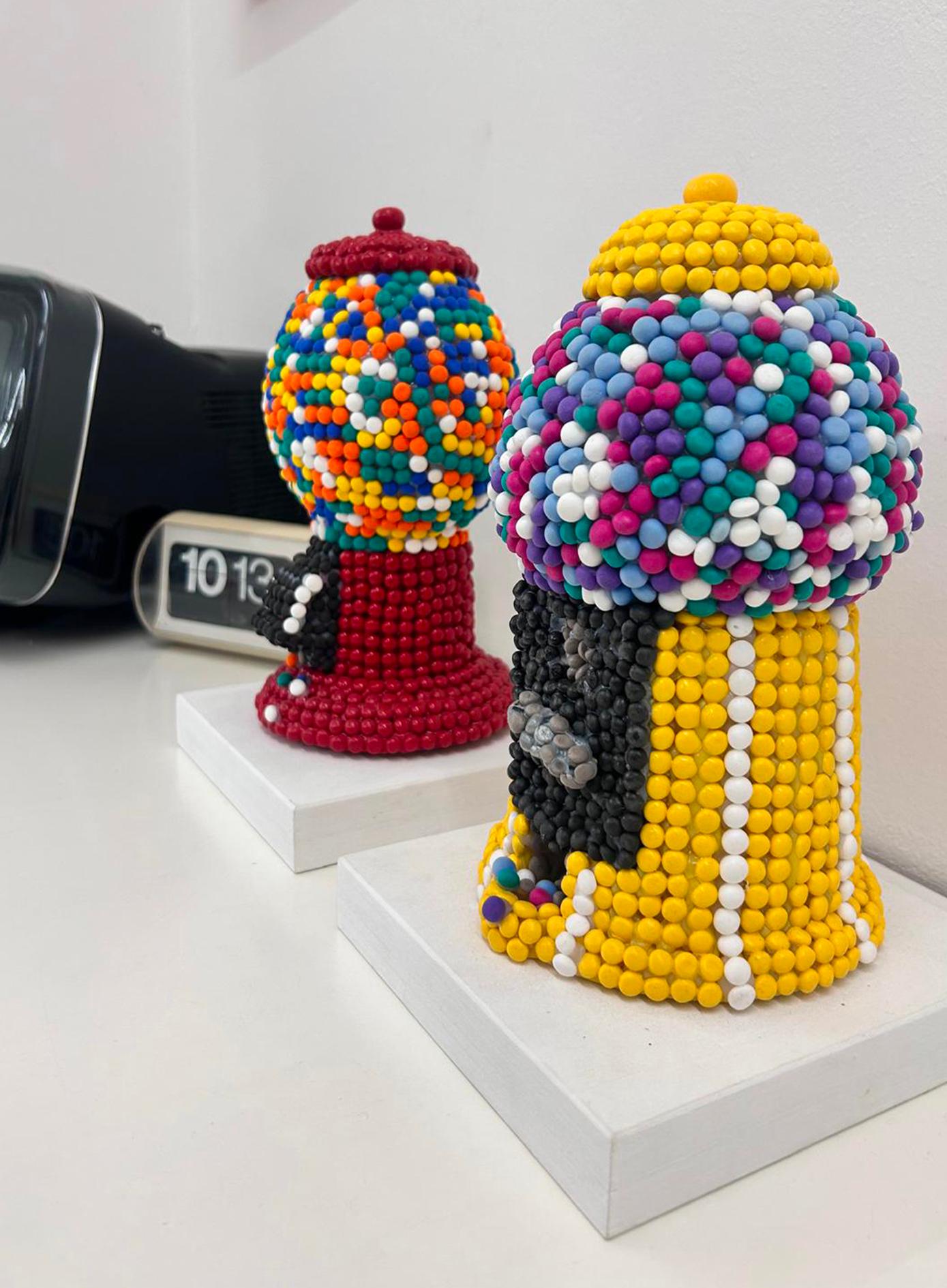 Hand-Sculpted 3D Candy Mosaic Sculpture – Retro Gumball Machine in Yellow Clay For Sale 1