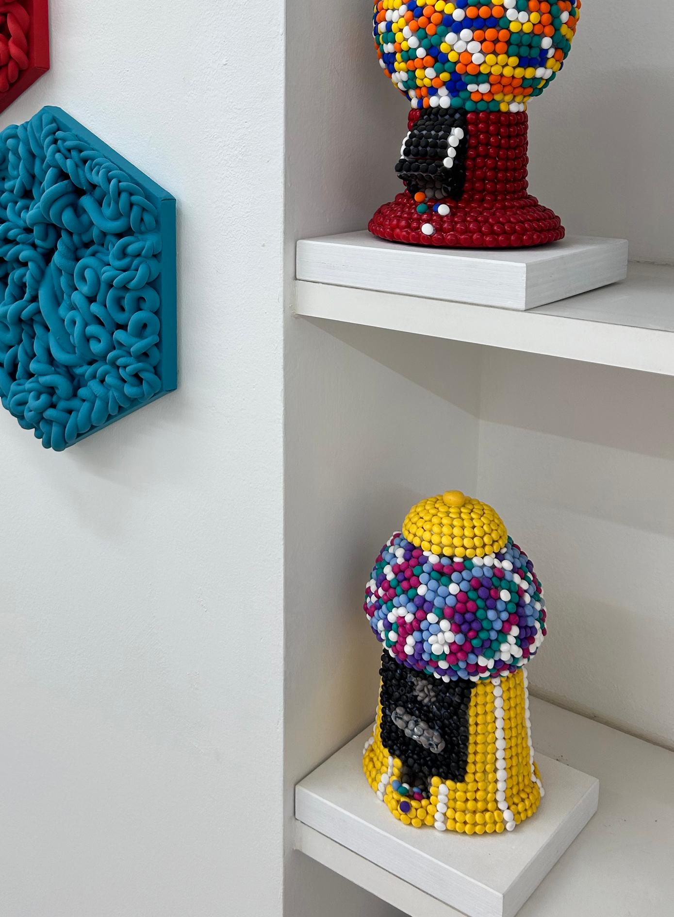 Hand-Sculpted 3D Candy Mosaic Sculpture – Retro Gumball Machine in Yellow Clay For Sale 2