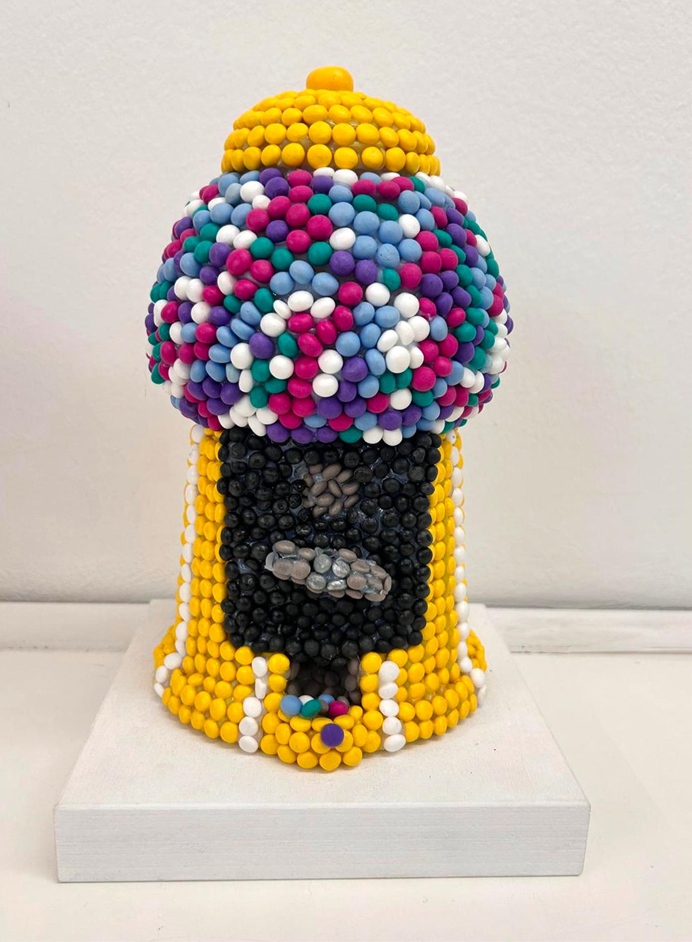 Hand-Sculpted 3D Candy Mosaic Sculpture – Retro Gumball Machine in Yellow Clay For Sale 4