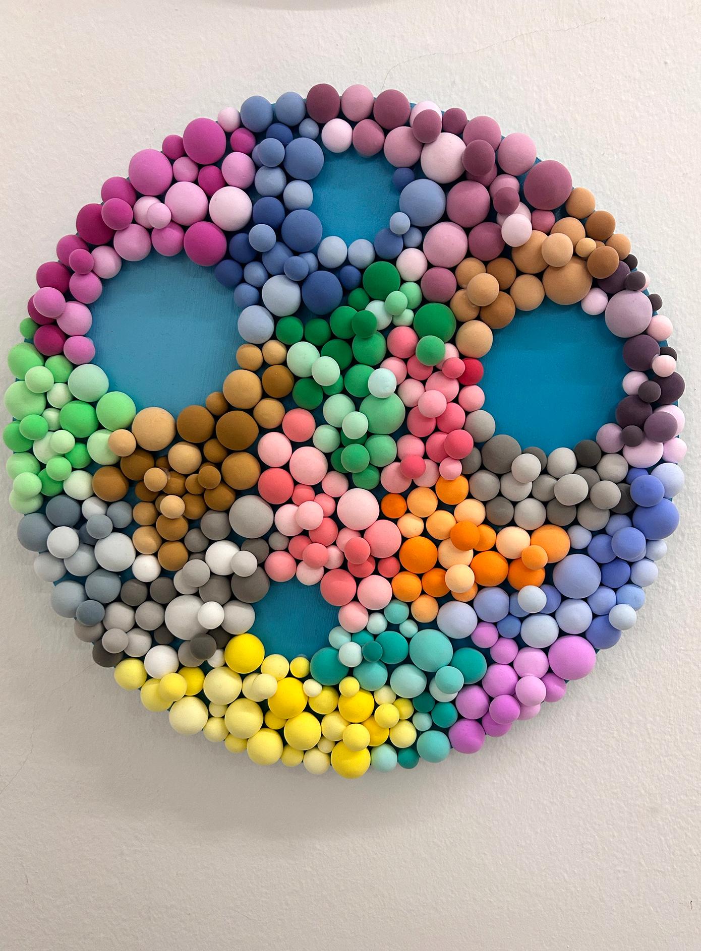 Multicolor 3D Bubbles Wall Sculpture in Clay. Round Mosaic with Candy-Like Forms - Painting by Elizabeth Art Candy