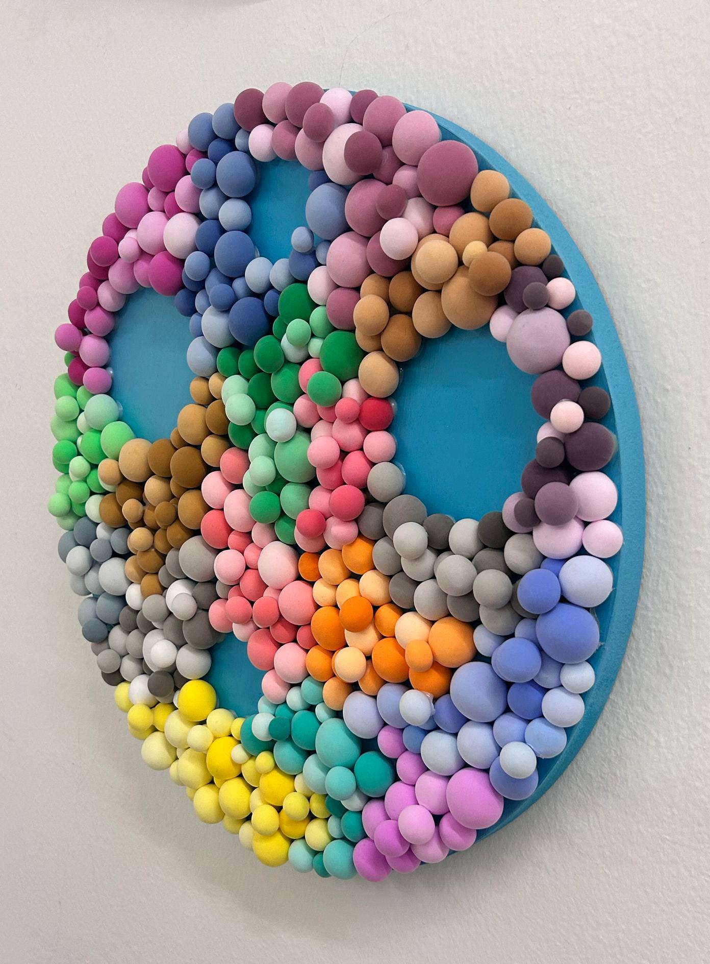 Multicolor 3D Bubbles Wall Sculpture in Clay. Round Mosaic with Candy-Like Forms - Abstract Painting by Elizabeth Art Candy
