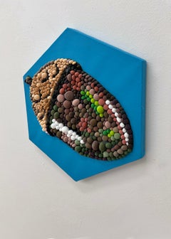 Hexagonal Mosaic Sculpture in Hand-Molded Clay on Blue and Earth Tones Panel