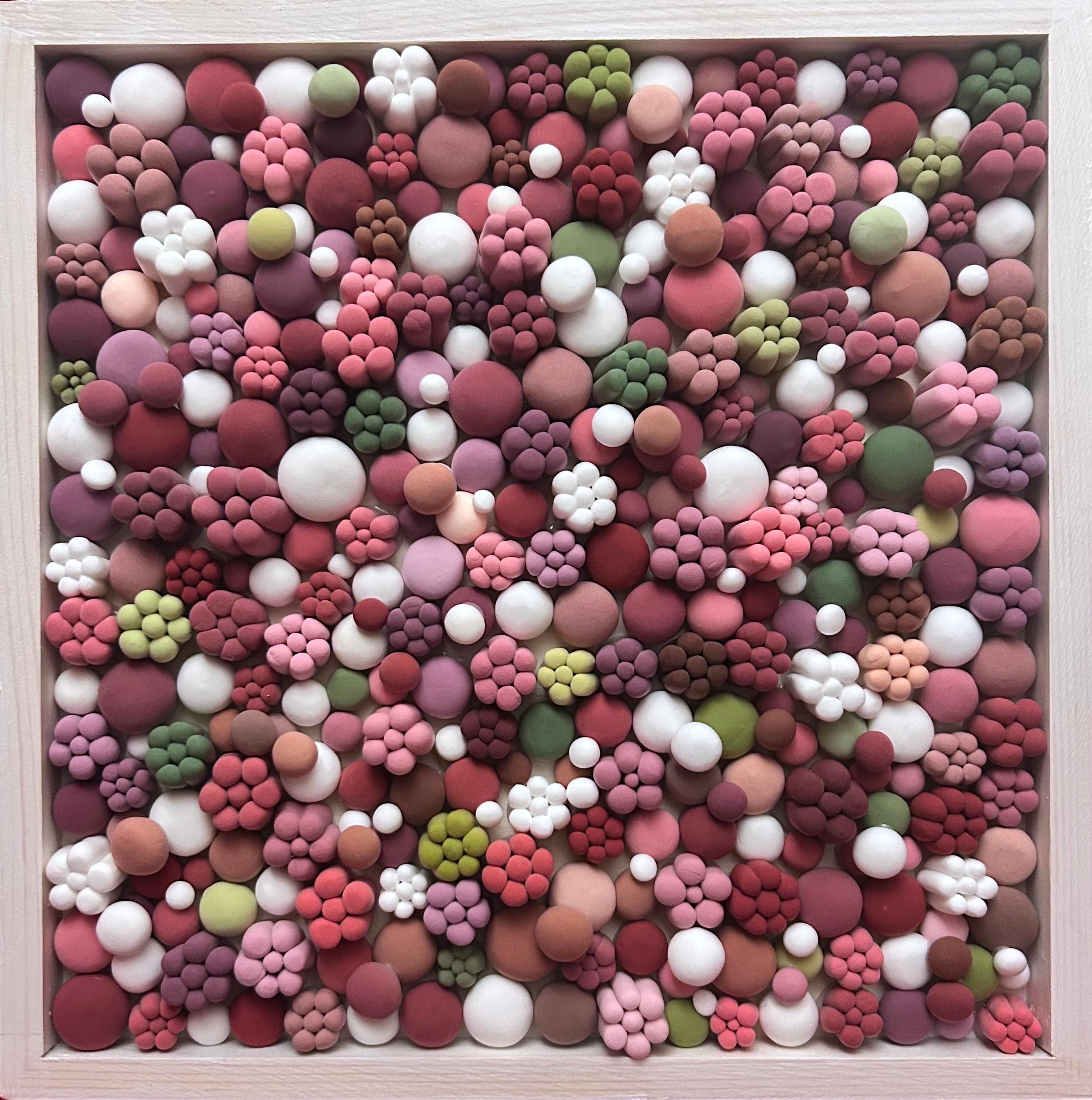 Pink Floral Bubble Clay Wall Sculpture 3D Mosaic Panel in Hand Molded Ceramic