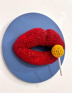 Red Lips Pop Art Clay Wall Sculpture with Lollipop 3D Mosaic High Relief Panel
