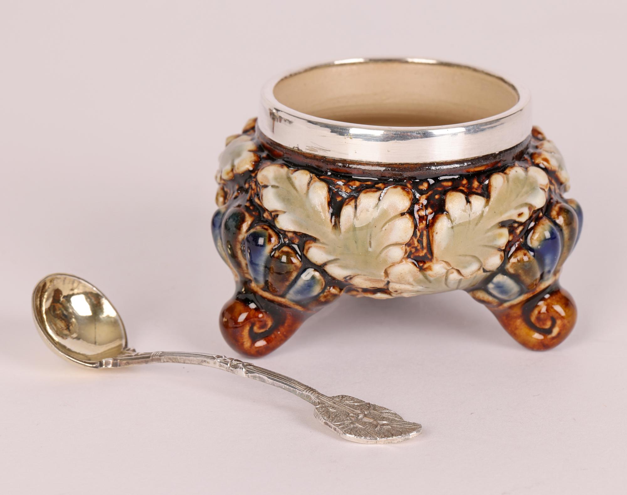Elizabeth Atkins for Doulton Lambeth Cased Set of Four Salts and Spoons, 1883 1
