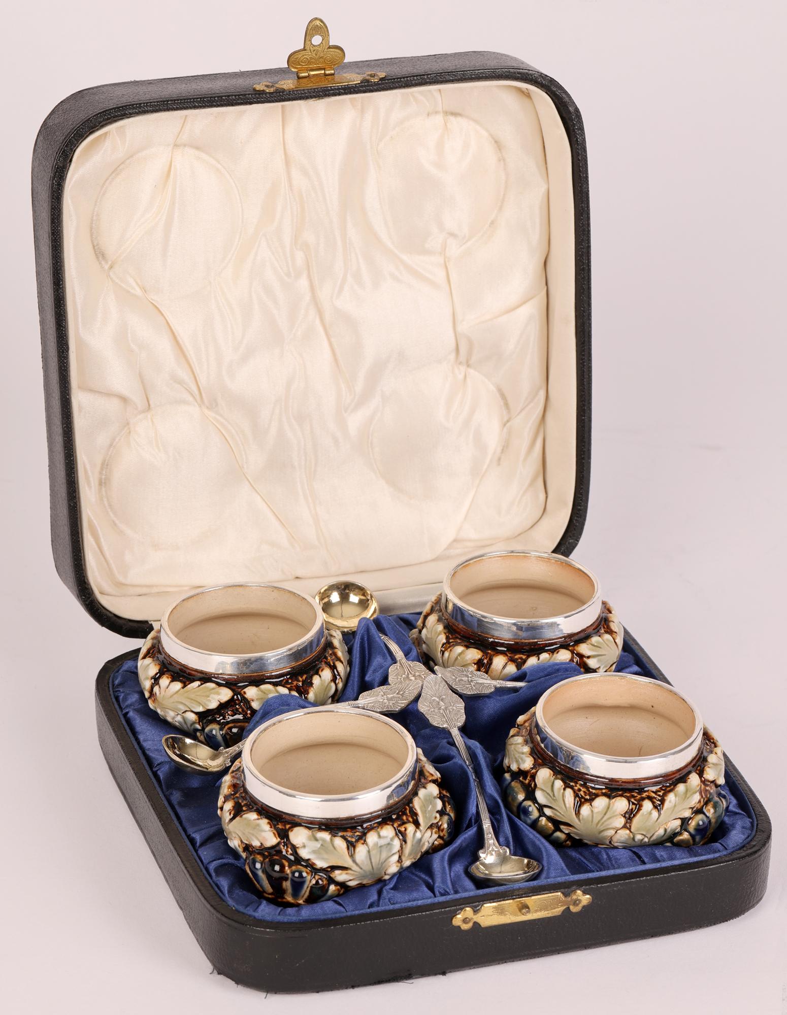 Elizabeth Atkins for Doulton Lambeth Cased Set of Four Salts and Spoons, 1883 3