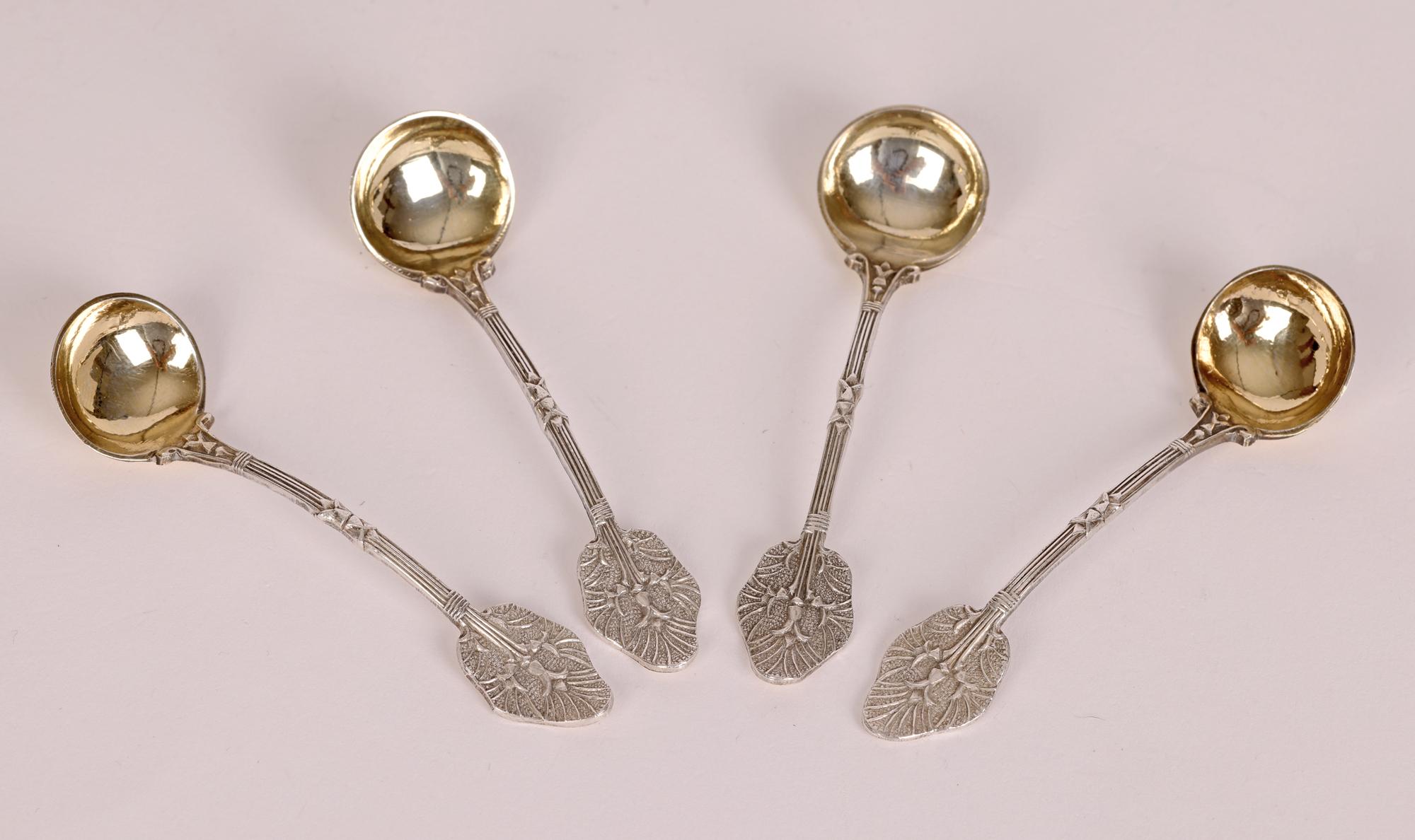 Elizabeth Atkins for Doulton Lambeth Cased Set of Four Salts and Spoons, 1883 4