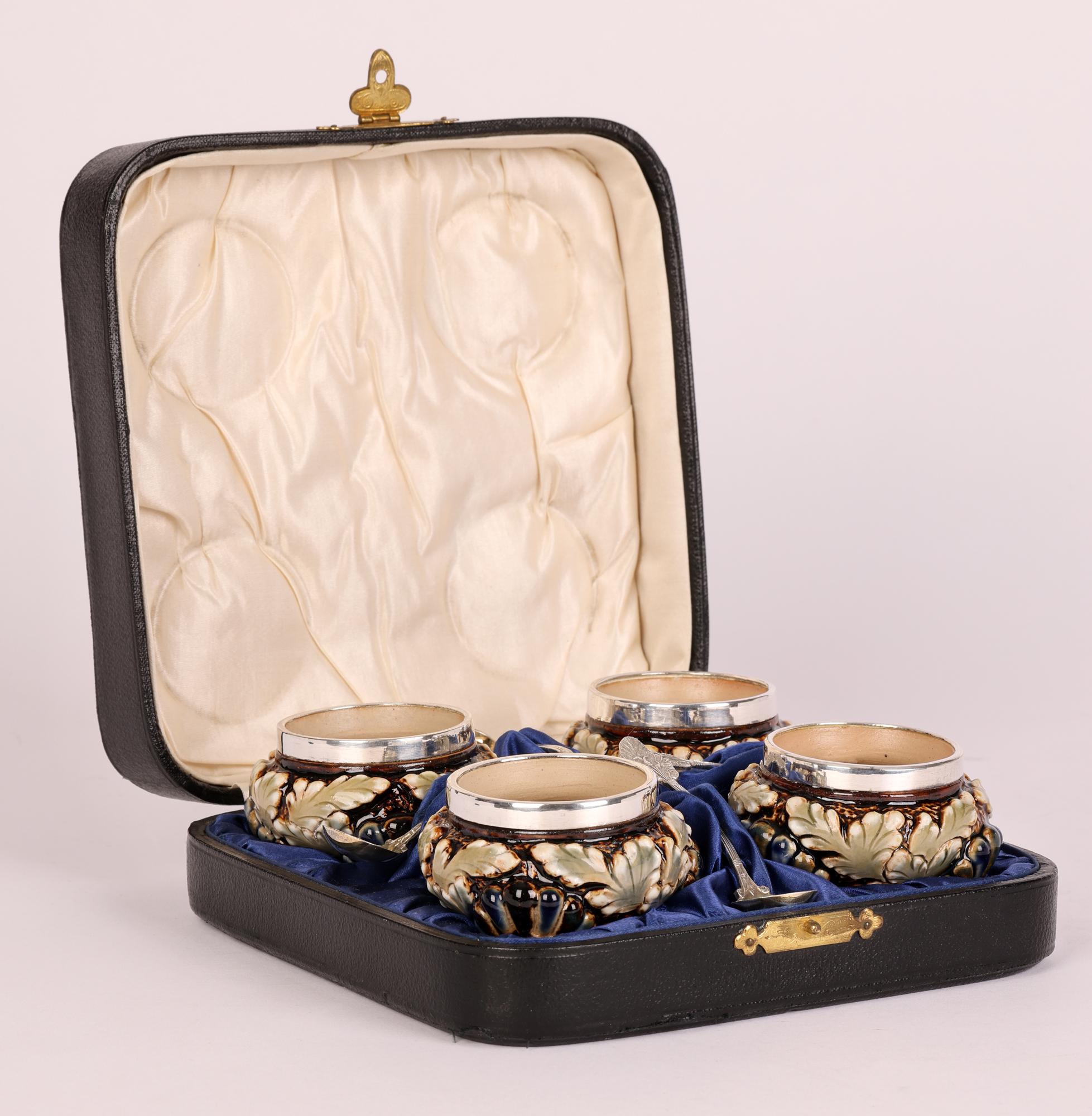 Aesthetic Movement Elizabeth Atkins for Doulton Lambeth Cased Set of Four Salts and Spoons, 1883