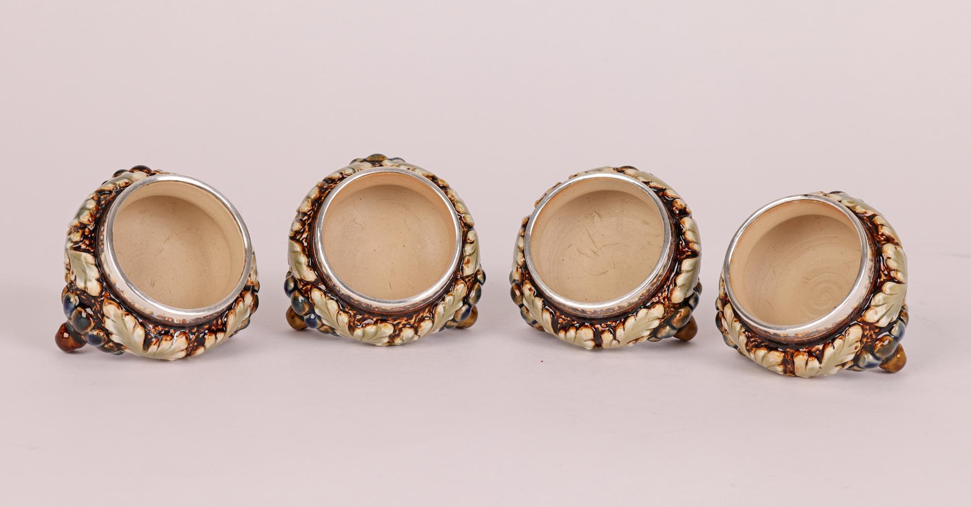 English Elizabeth Atkins for Doulton Lambeth Cased Set of Four Salts and Spoons, 1883