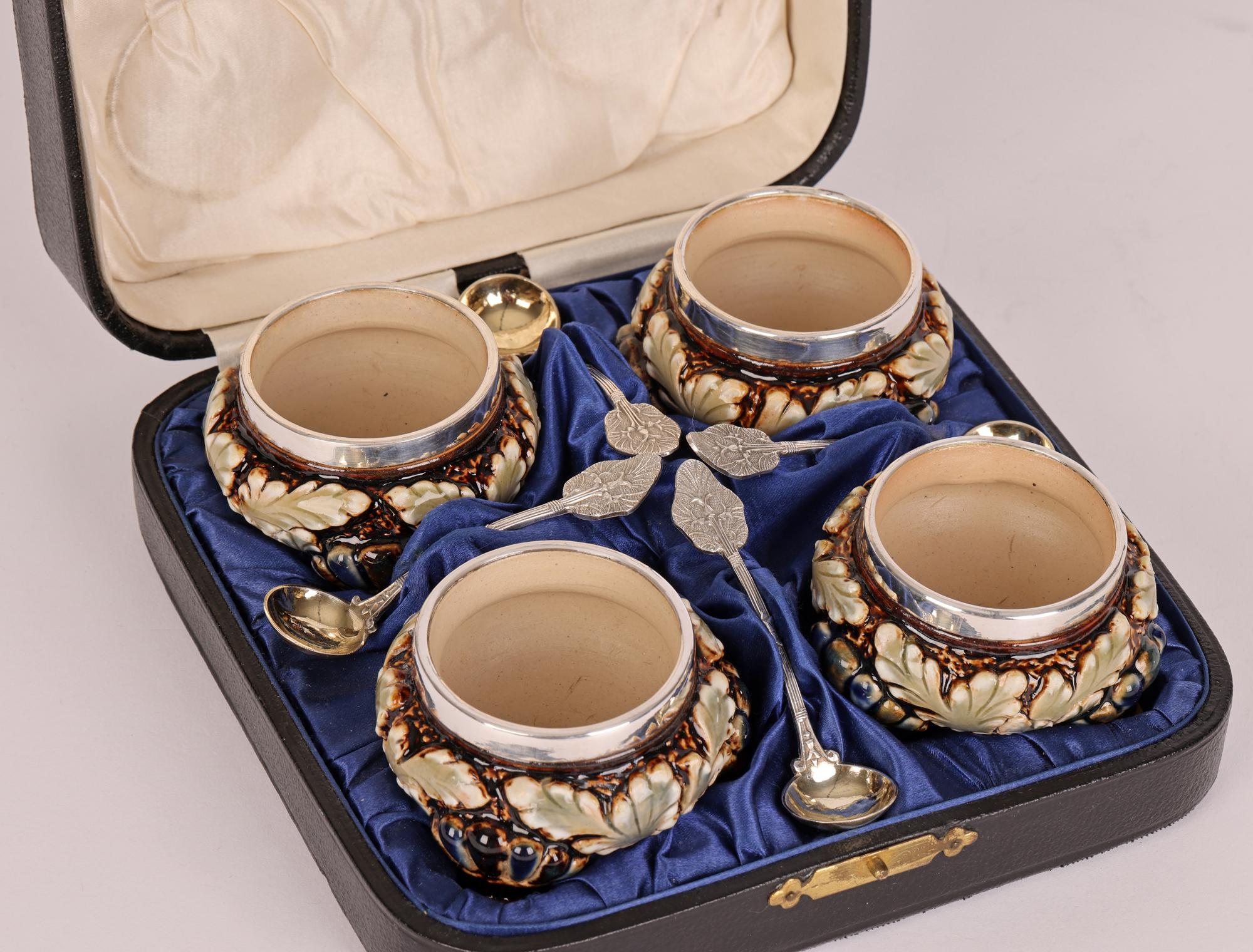 Late 19th Century Elizabeth Atkins for Doulton Lambeth Cased Set of Four Salts and Spoons, 1883
