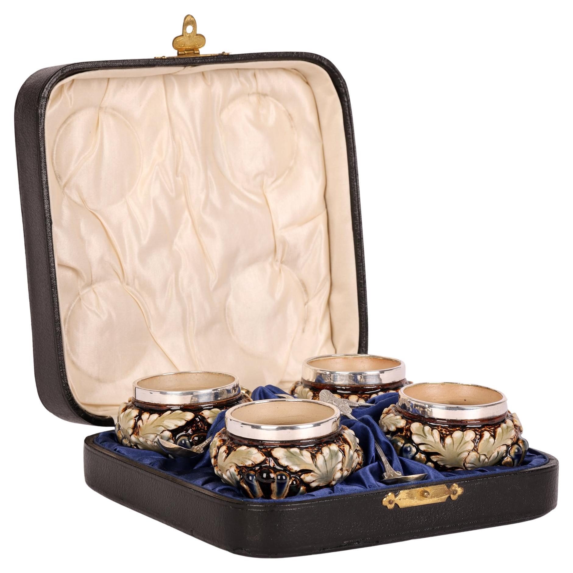 Elizabeth Atkins for Doulton Lambeth Cased Set of Four Salts and Spoons, 1883