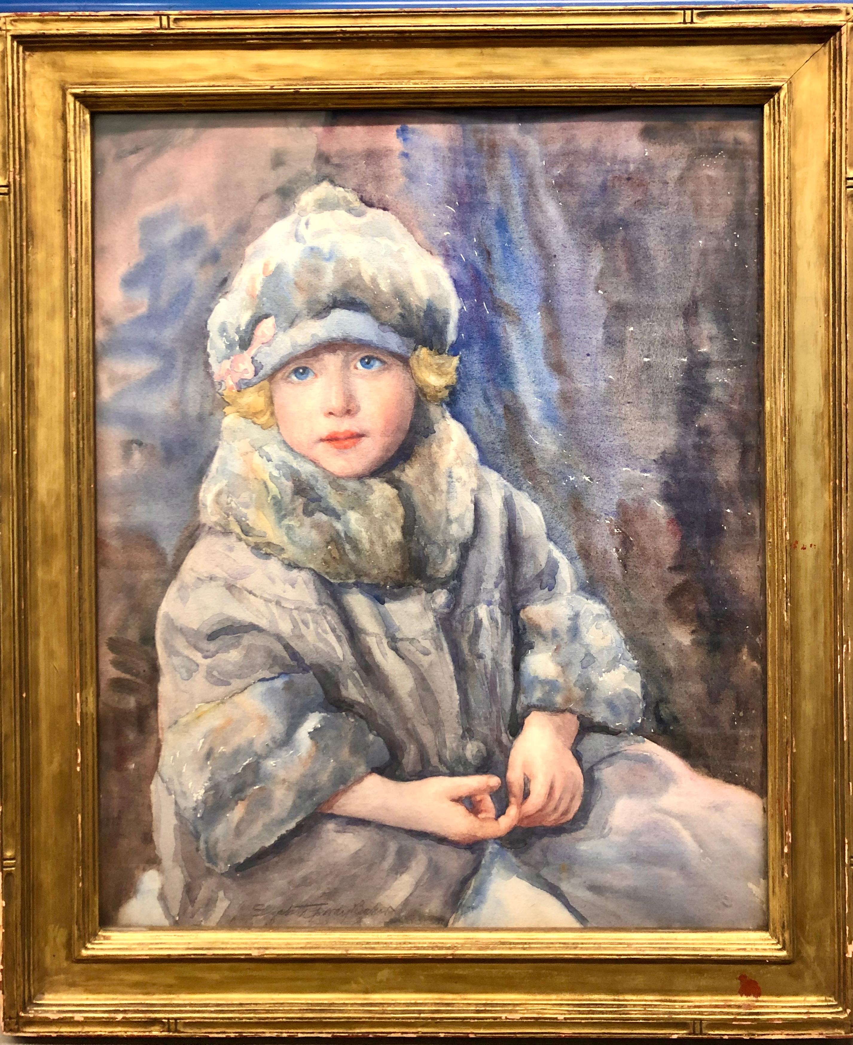Watercolor Portrait of a Little Girl in the Fur - Painting by Elizabeth Baker