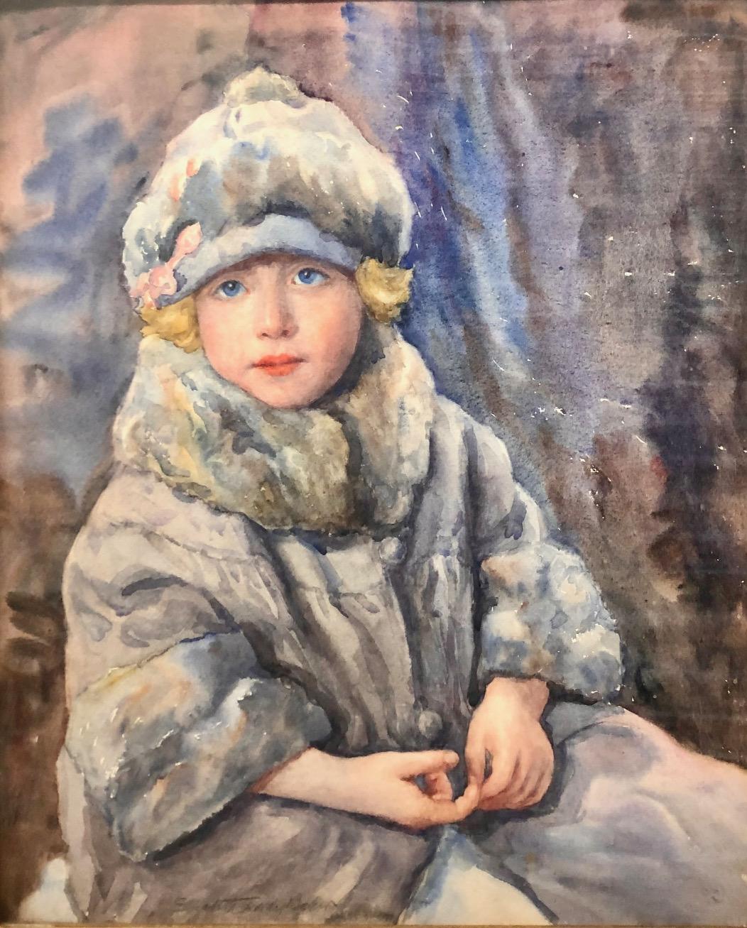 Elizabeth Baker Portrait Painting - Watercolor Portrait of a Little Girl in the Fur