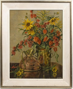 Still life with late-summer flowers, a copper kettle and jug.