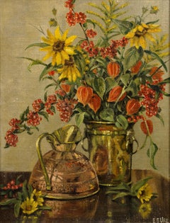 Still life with late-summer flowers, a copper kettle and jug.