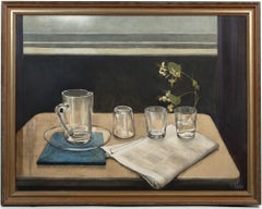 Still life with pitcher, three glasses, and a sprig of honeysuckle.