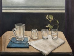 Still life with pitcher, three glasses, and a sprig of honeysuckle.