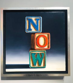 NOW / children's blocks - contemporary still life oil painting, small, bold, joy