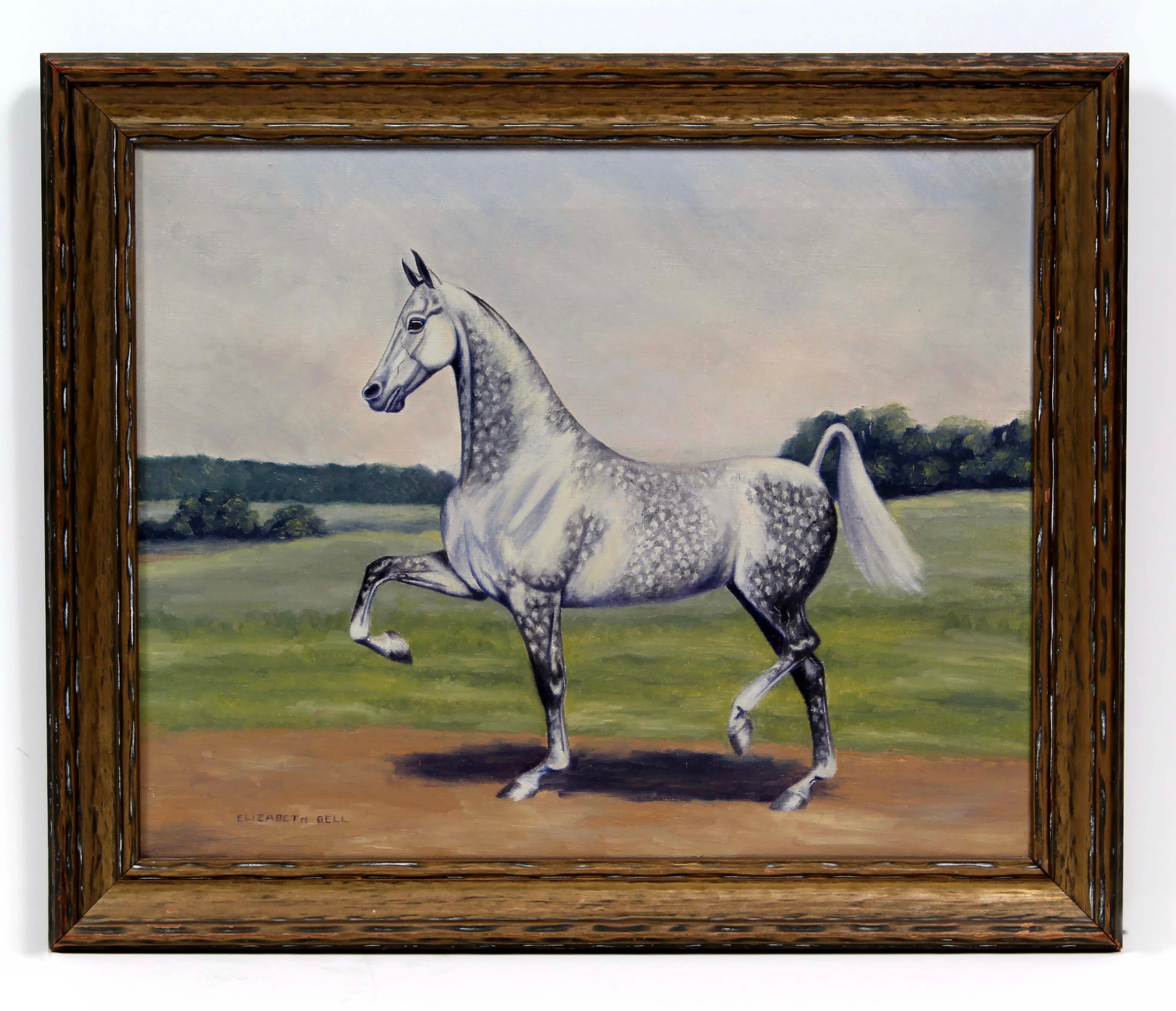 Antiguo Óleo Americano Enmarcado Carrera de Caballos Elizabeth Bell Árabe Moteado en venta 1