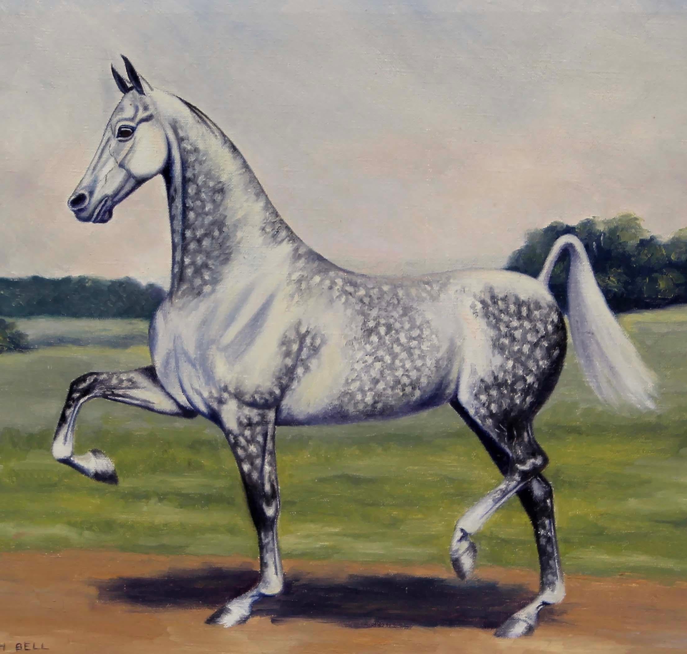 Antiguo Óleo Americano Enmarcado Carrera de Caballos Elizabeth Bell Árabe Moteado en venta 2