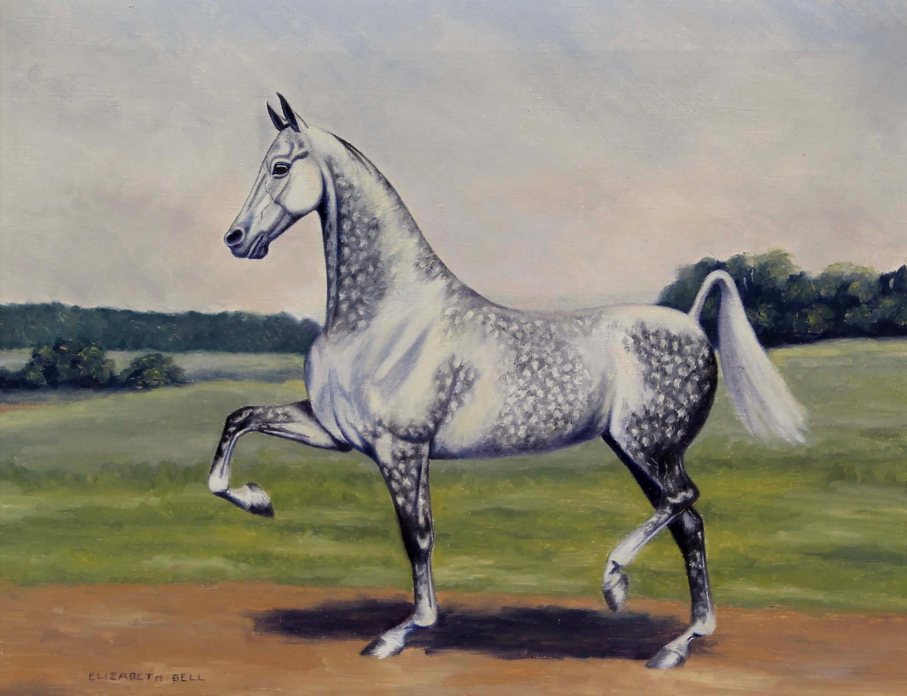 Antiguo Óleo Americano Enmarcado Carrera de Caballos Elizabeth Bell Árabe Moteado en venta 3