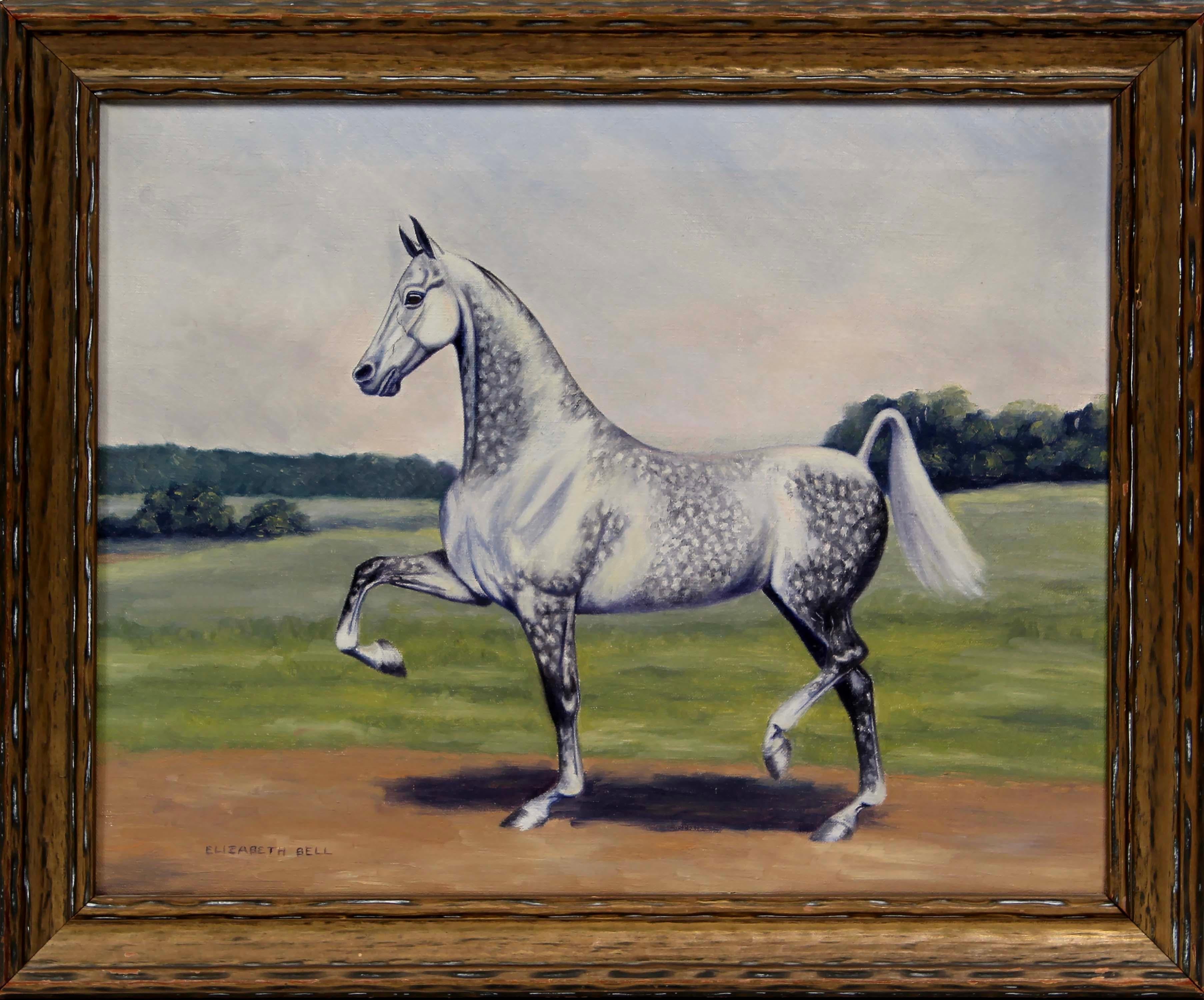 Peinture à l'huile américaine ancienne encadrée « Horse Race Elizabeth Bell Arabian Dappled »