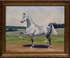 Peinture à l'huile américaine ancienne encadrée « Horse Race Elizabeth Bell Arabian Dappled »