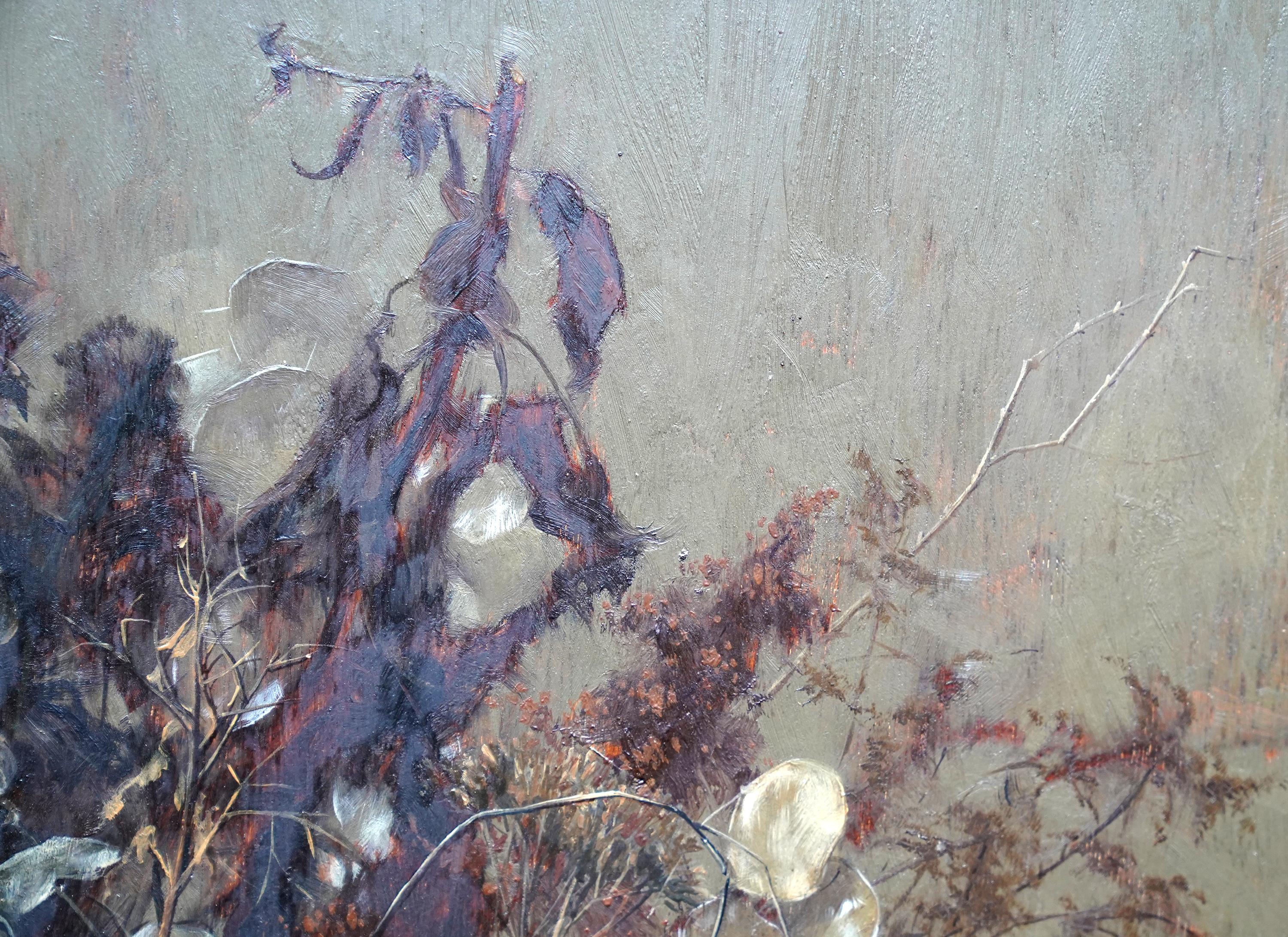 Floral Still Life Promise of Life - British fifties exh flower art oil painting - Gray Still-Life Painting by Elizabeth Bridge