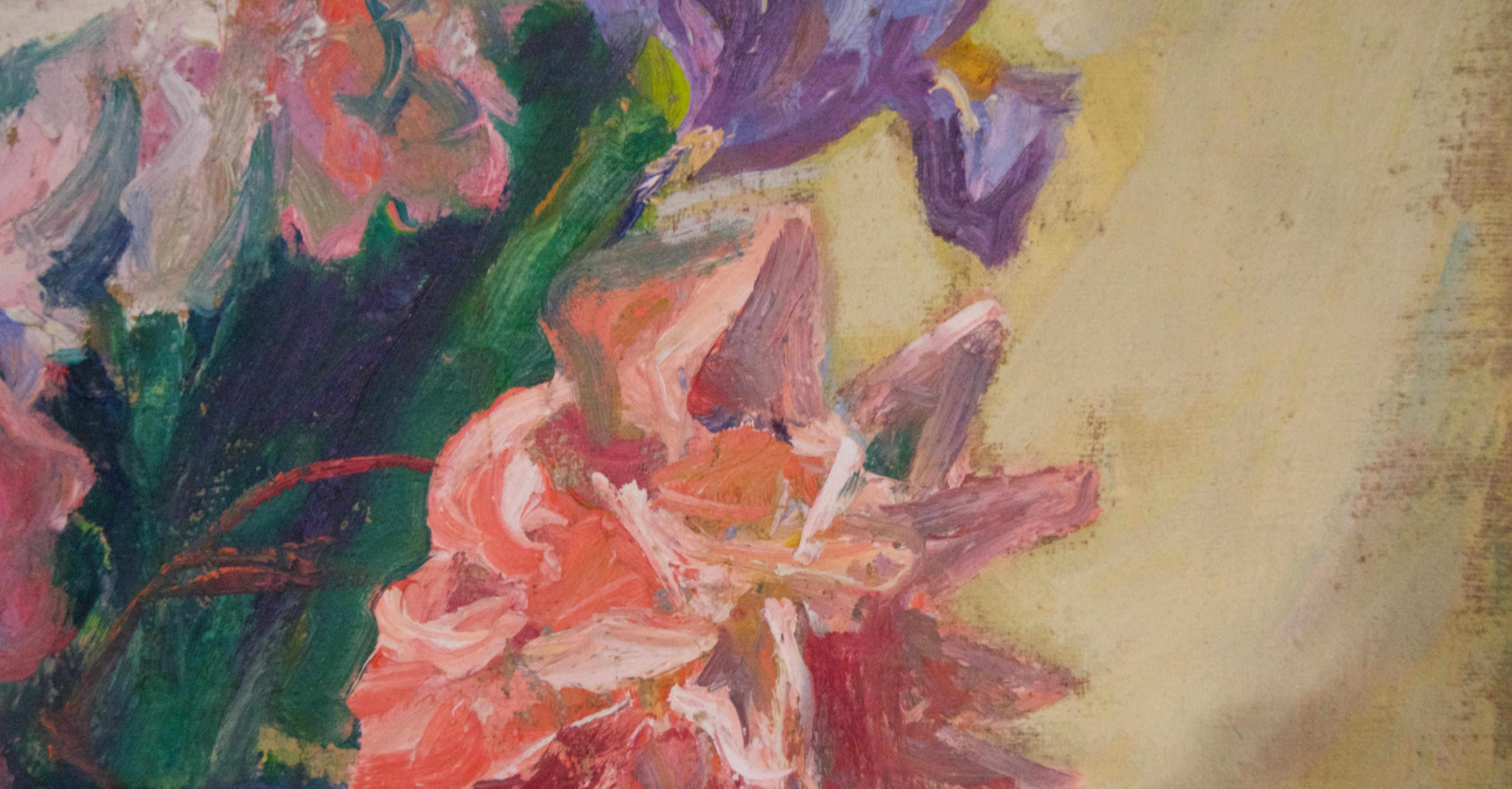 Blumenstillleben des frühen 20. Jahrhunderts, Öl auf Leinwand von E. C. Fisher Clay (Braun), Still-Life Painting, von Elizabeth Campbell Fisher Clay