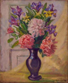 Naturaleza muerta flores - Óleo sobre lienzo de principios del siglo XX por E C Fisher Clay