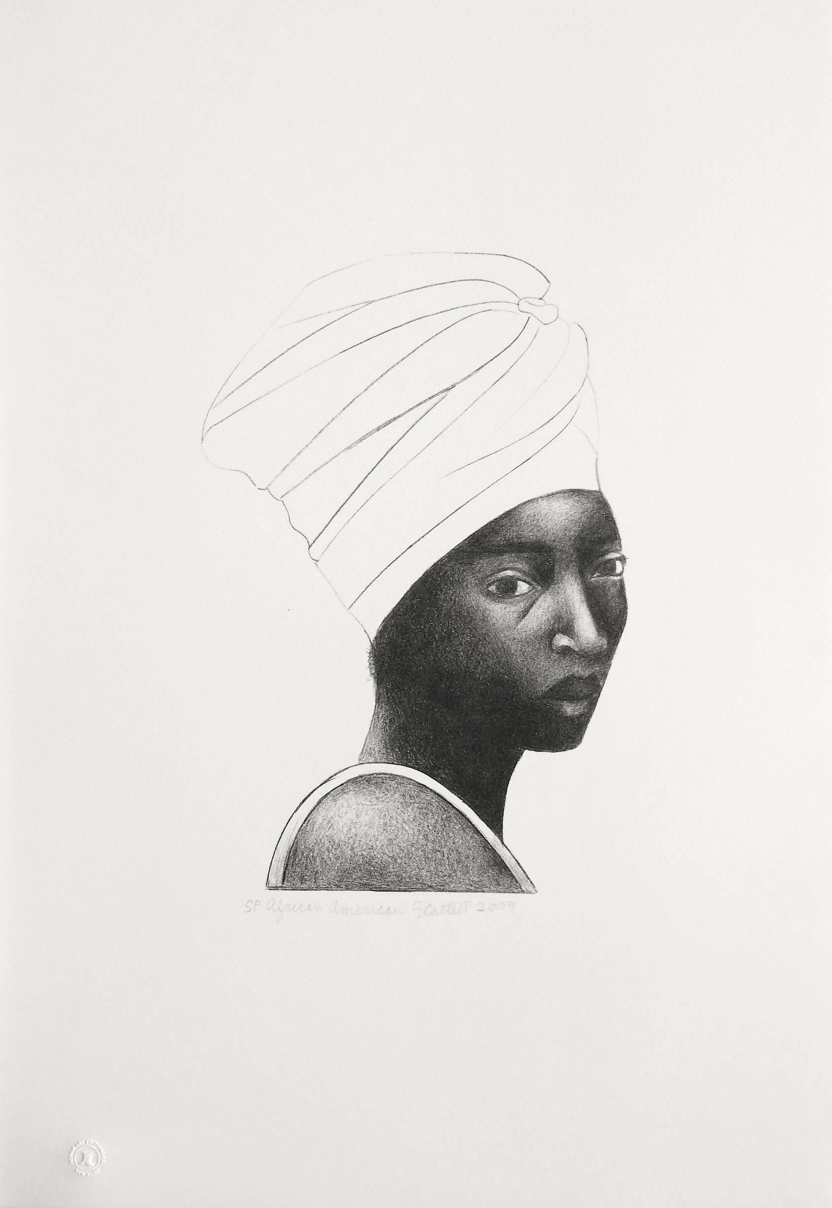 AFRICAN AMERICAN WOMAN(Turban), Hand Drawn Lithograph, Black Female Portrait - Print by Elizabeth Catlett