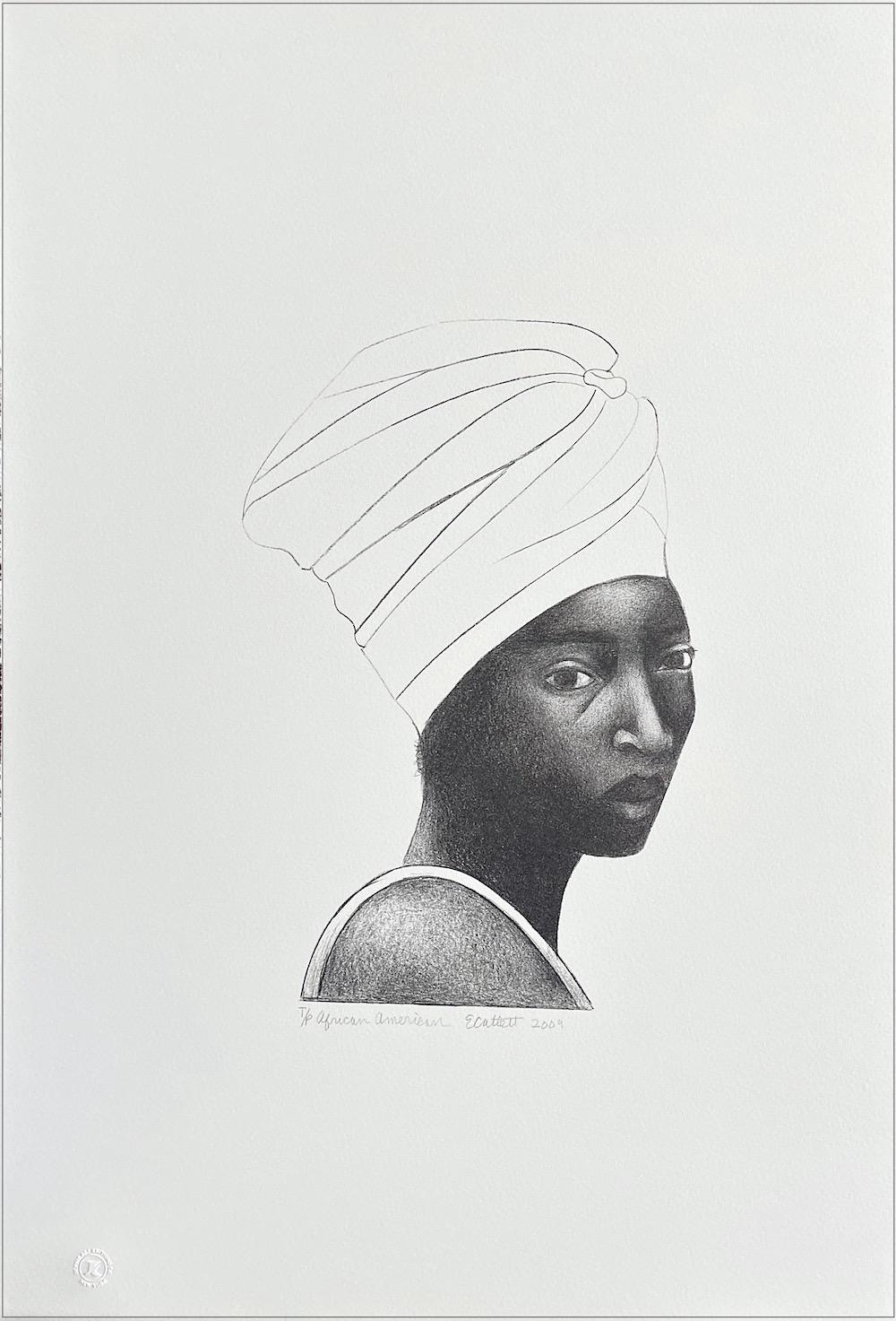 AFRICAN AMERICAN WOMAN(Turban), Hand Drawn Lithograph, Black Female Portrait - Print by Elizabeth Catlett
