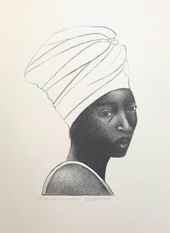 AFRICAN AMERICAN WOMAN(Turban), Hand Drawn Lithograph, Black Female Portrait