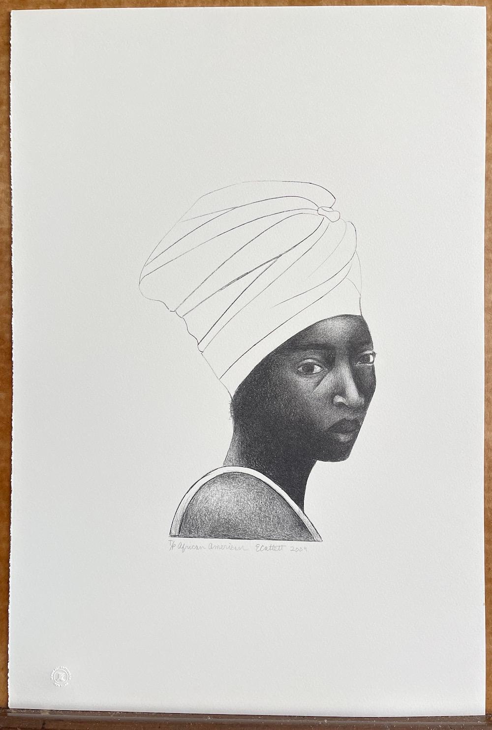 AFRICAN AMERICAN WOMAN (Turban), handgezeichnete Lithographie, schwarzes weibliches Porträt im Angebot 1