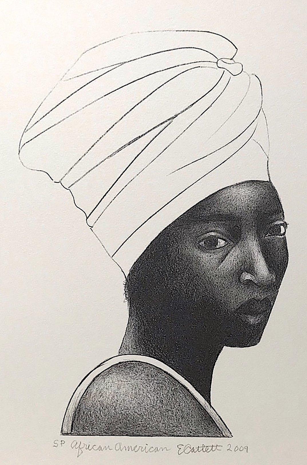 Elizabeth Catlett Portrait Print - AFRICAN AMERICAN WOMAN(Turban), Hand Drawn Lithograph, Black Female Portrait